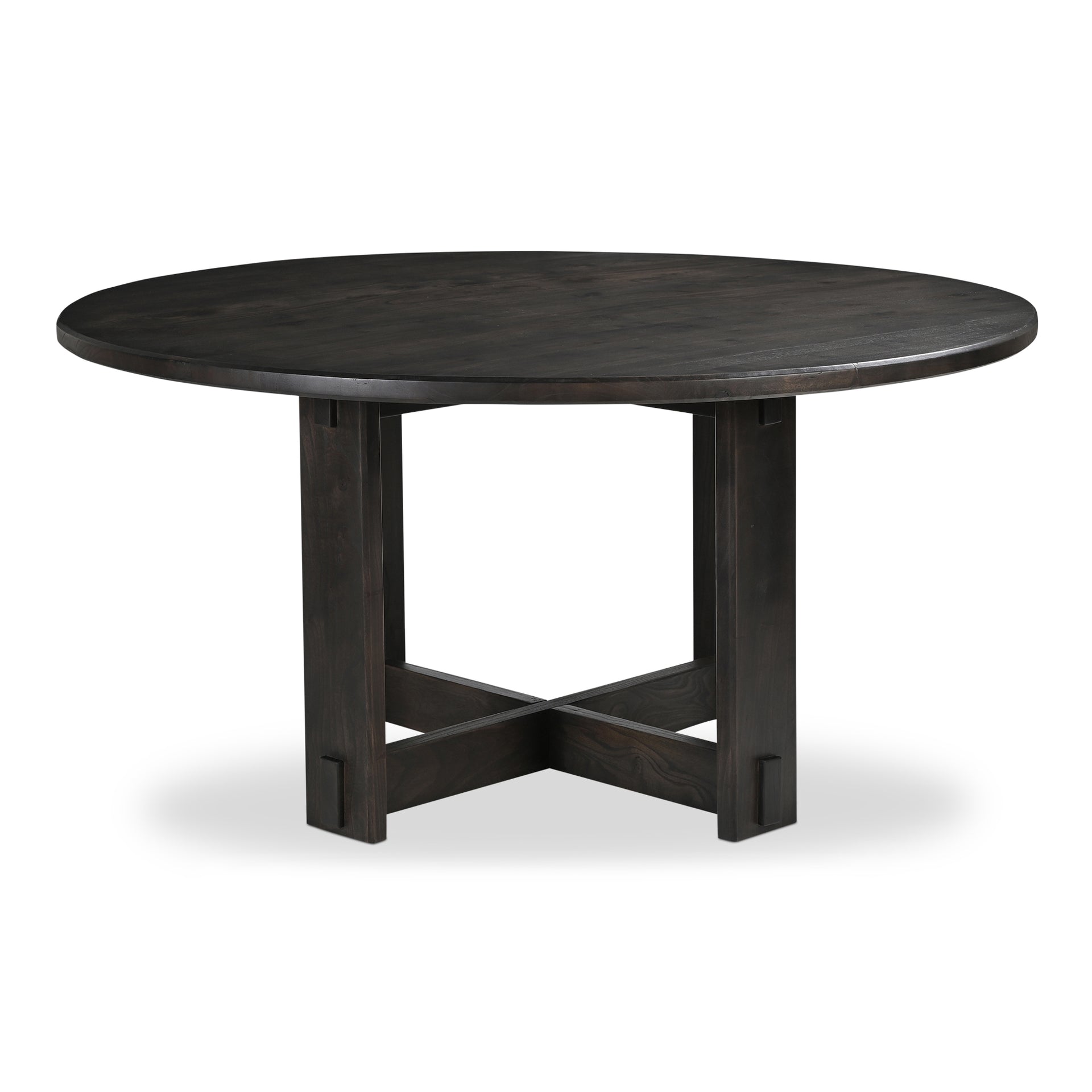 Fiorenza Dining Table for 6, Round Top, Solid Neem Wood, Joinery Detail, Iron Accents, Dark Brown