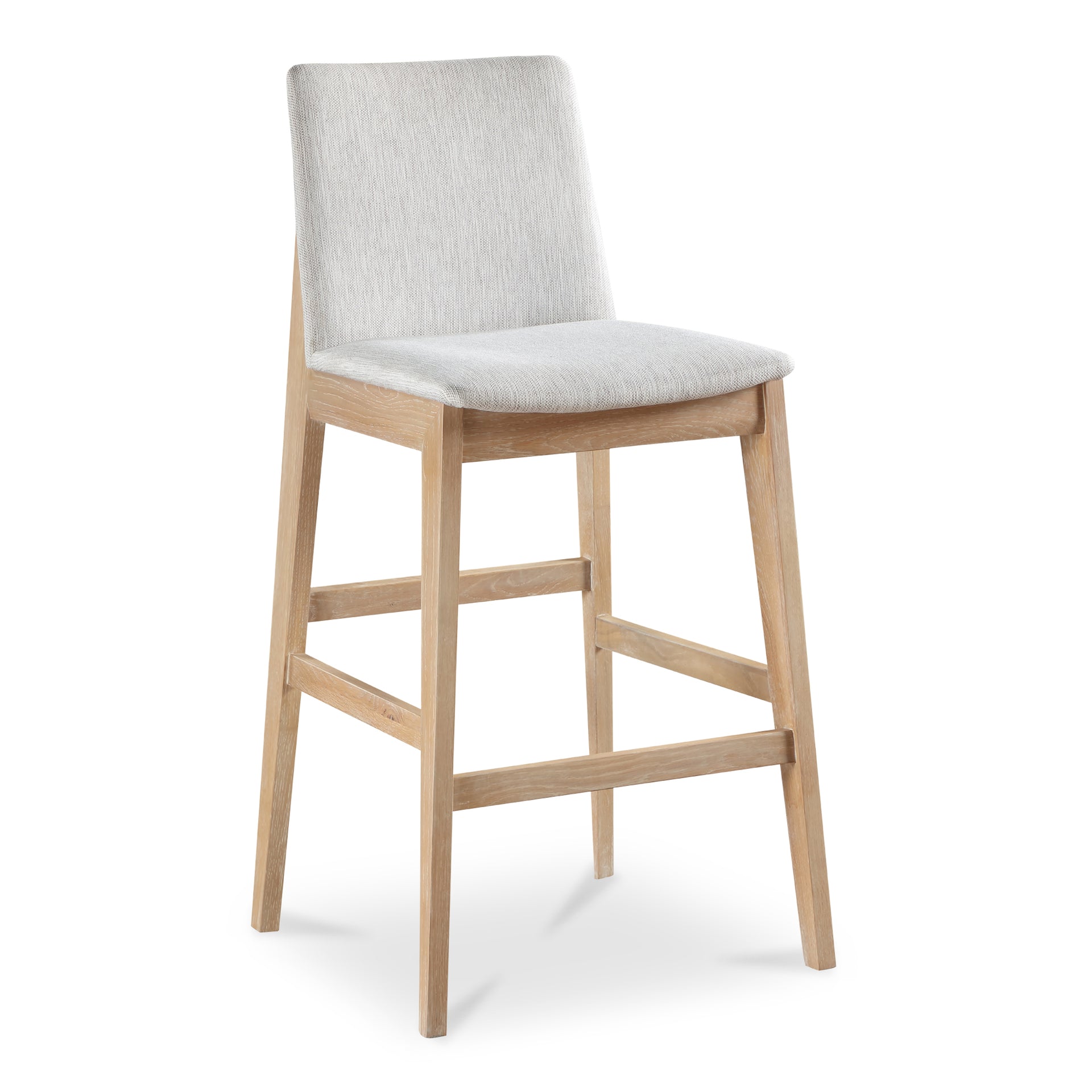 Ismara Bar Stools, 30" Tall, Solid Oak Frame, Metal Reinforcement, Light Grey Polyester Upholstery