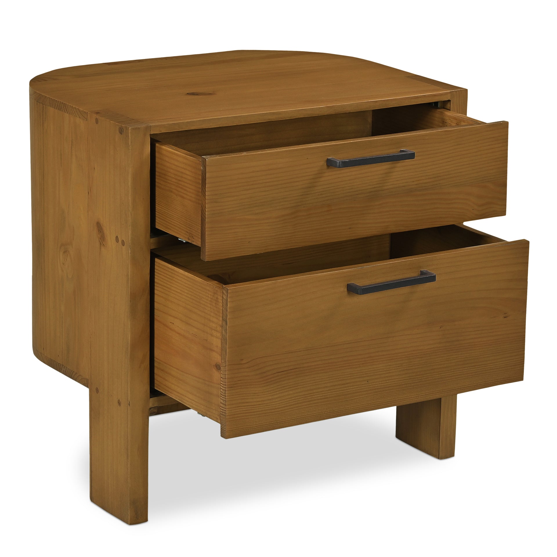 Malachai Nightstand, 2 Drawer Solid Pine with Curved Back and Three-Legged Base, Soft-Close Drawers, Brown