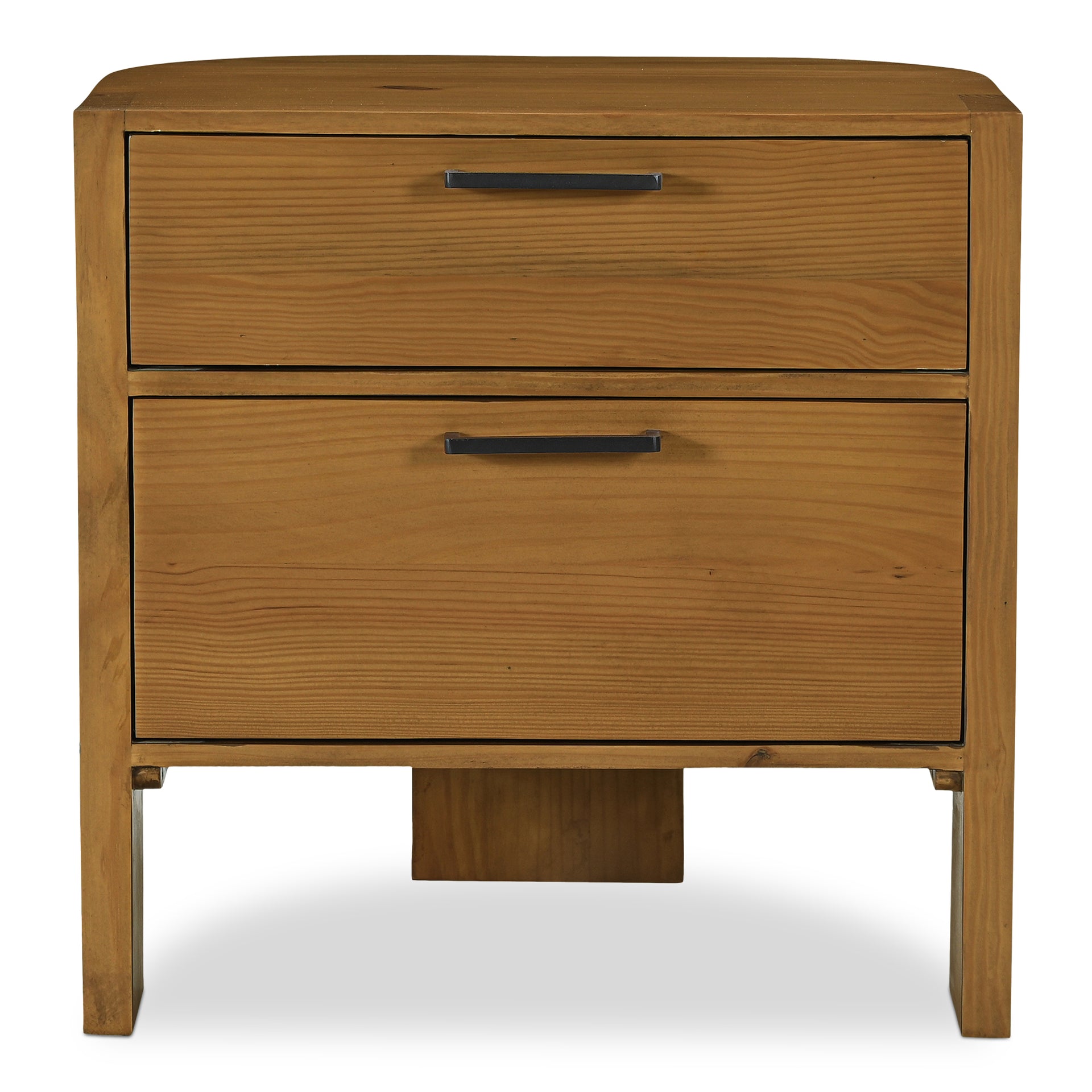 Malachai Nightstand, 2 Drawer Solid Pine with Curved Back and Three-Legged Base, Soft-Close Drawers, Brown