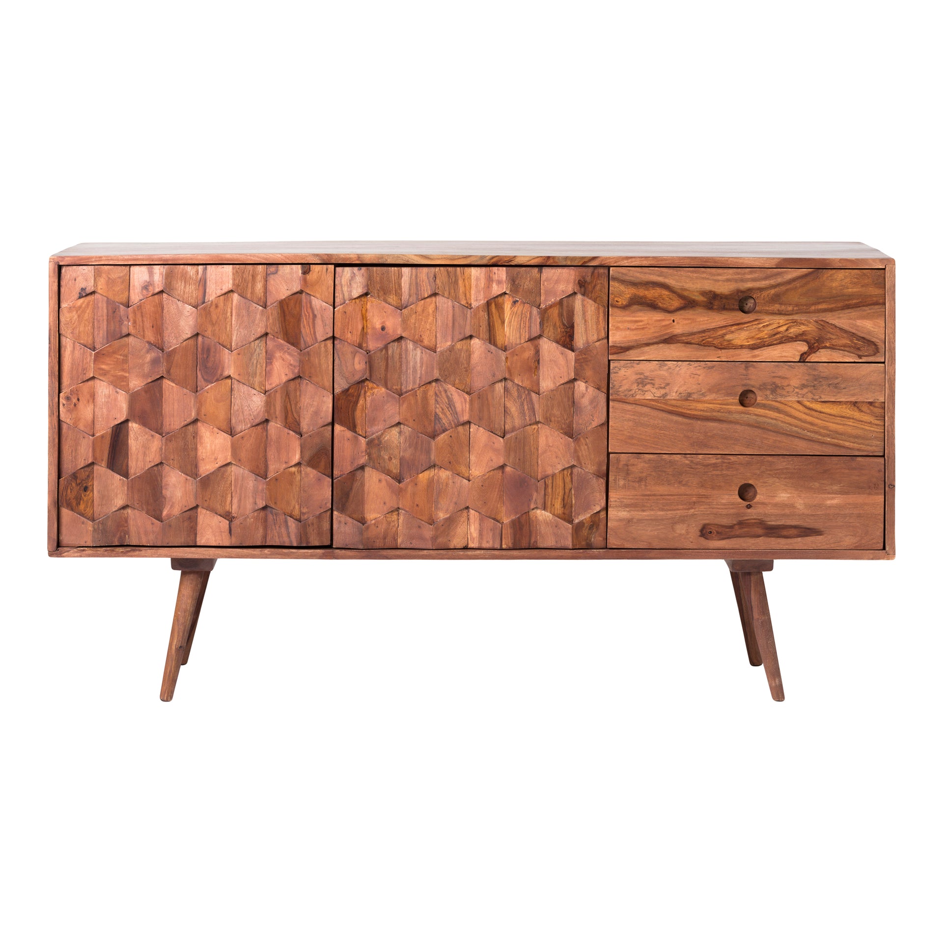 Oxygen Sideboard, Mid-Century Modern, Solid Sheesham Wood with Hexagonal Engravings, Brown
