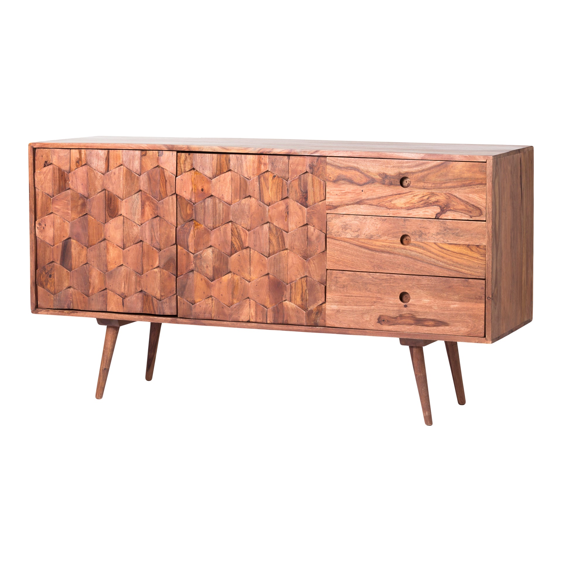 Oxygen Sideboard, Mid-Century Modern, Solid Sheesham Wood with Hexagonal Engravings, Brown