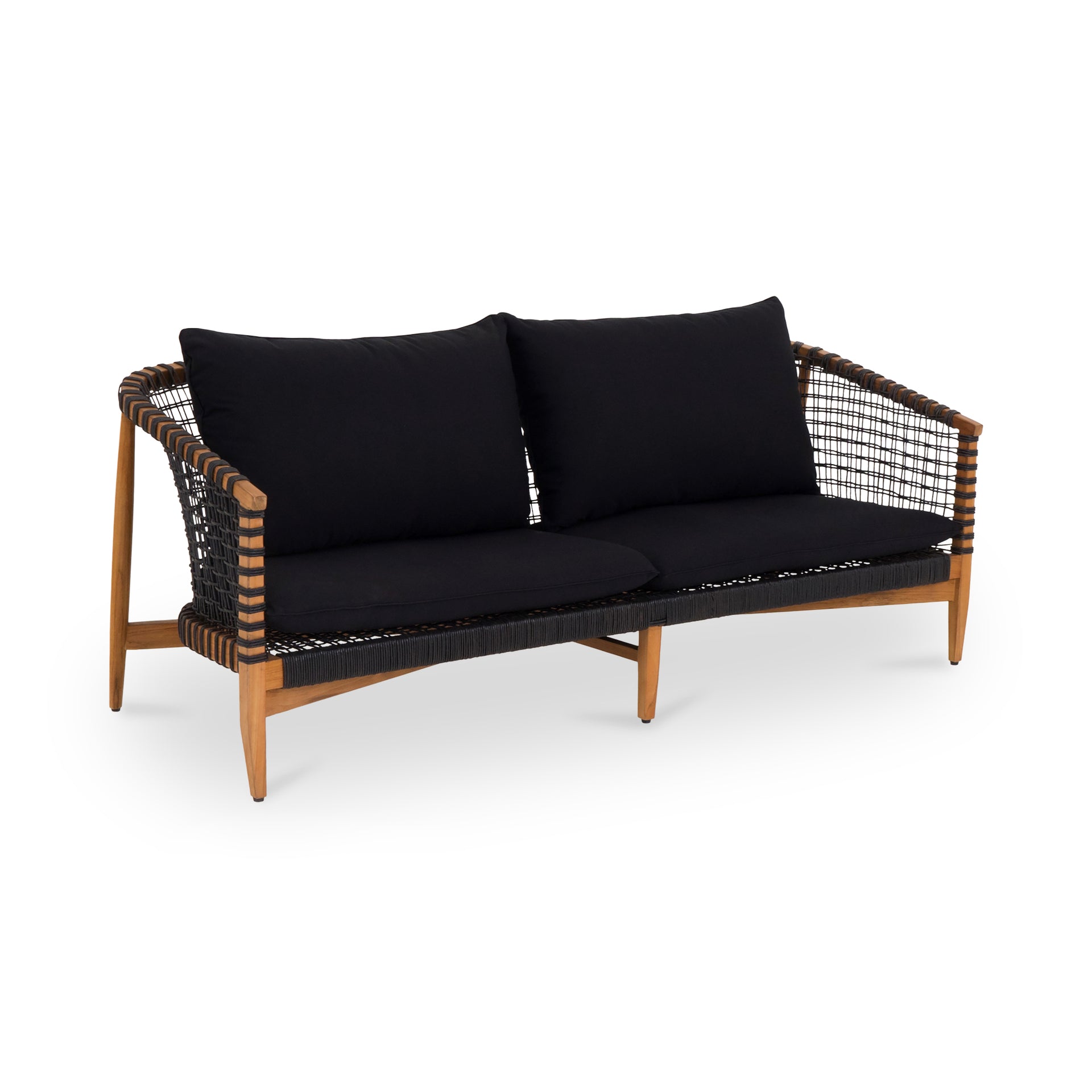 Barrett Sofa, Solid Teak Frame, Lloyd Loom Weave, Removable Foam Cushions, Seats 3, Black