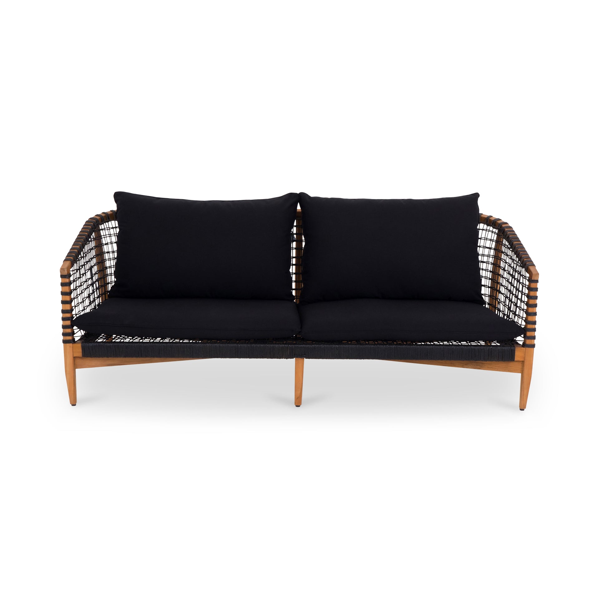 Barrett Sofa, Solid Teak Frame, Lloyd Loom Weave, Removable Foam Cushions, Seats 3, Black
