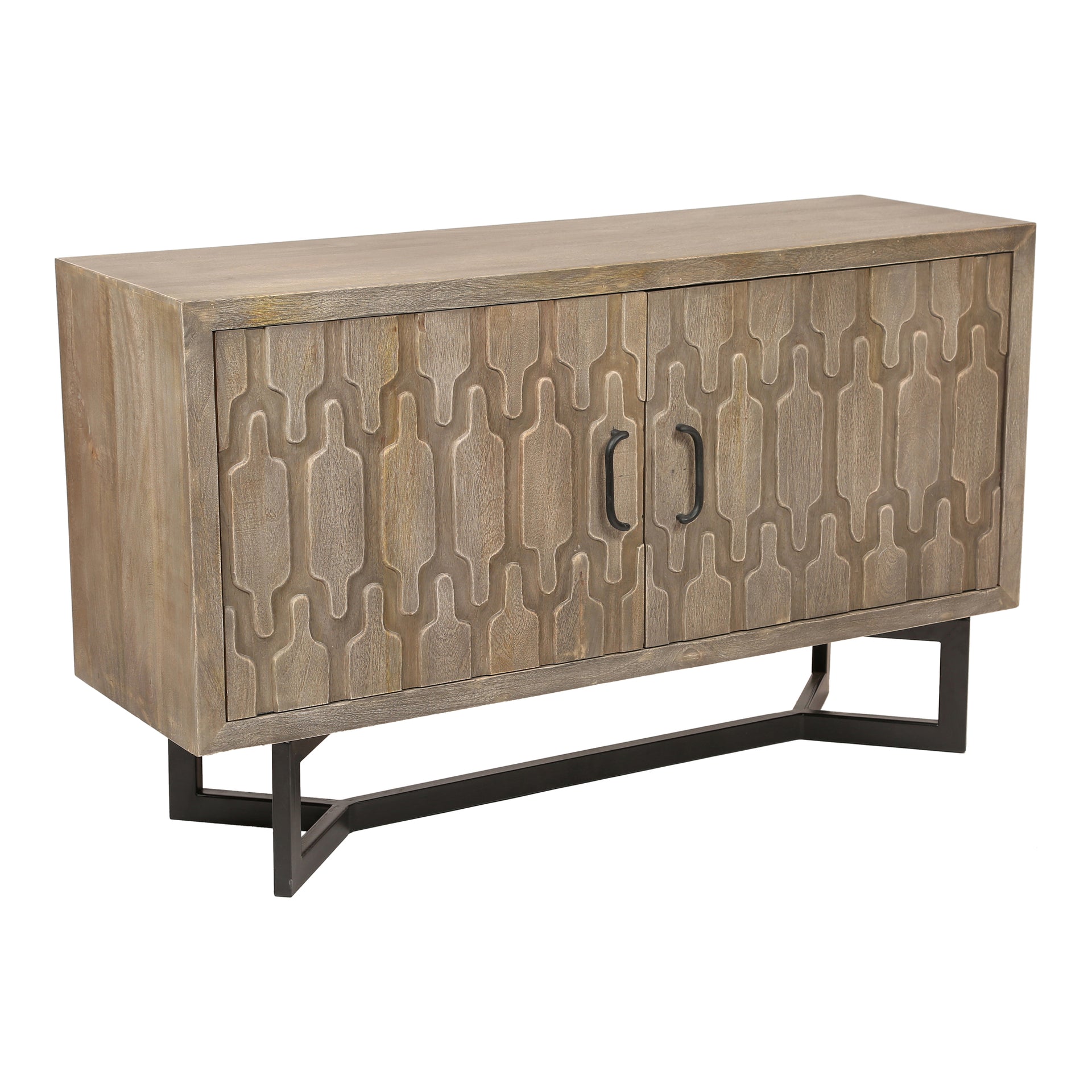 Gerald, Sideboard Geometric Design, Solid Mango Wood, Iron Base, Light Grey