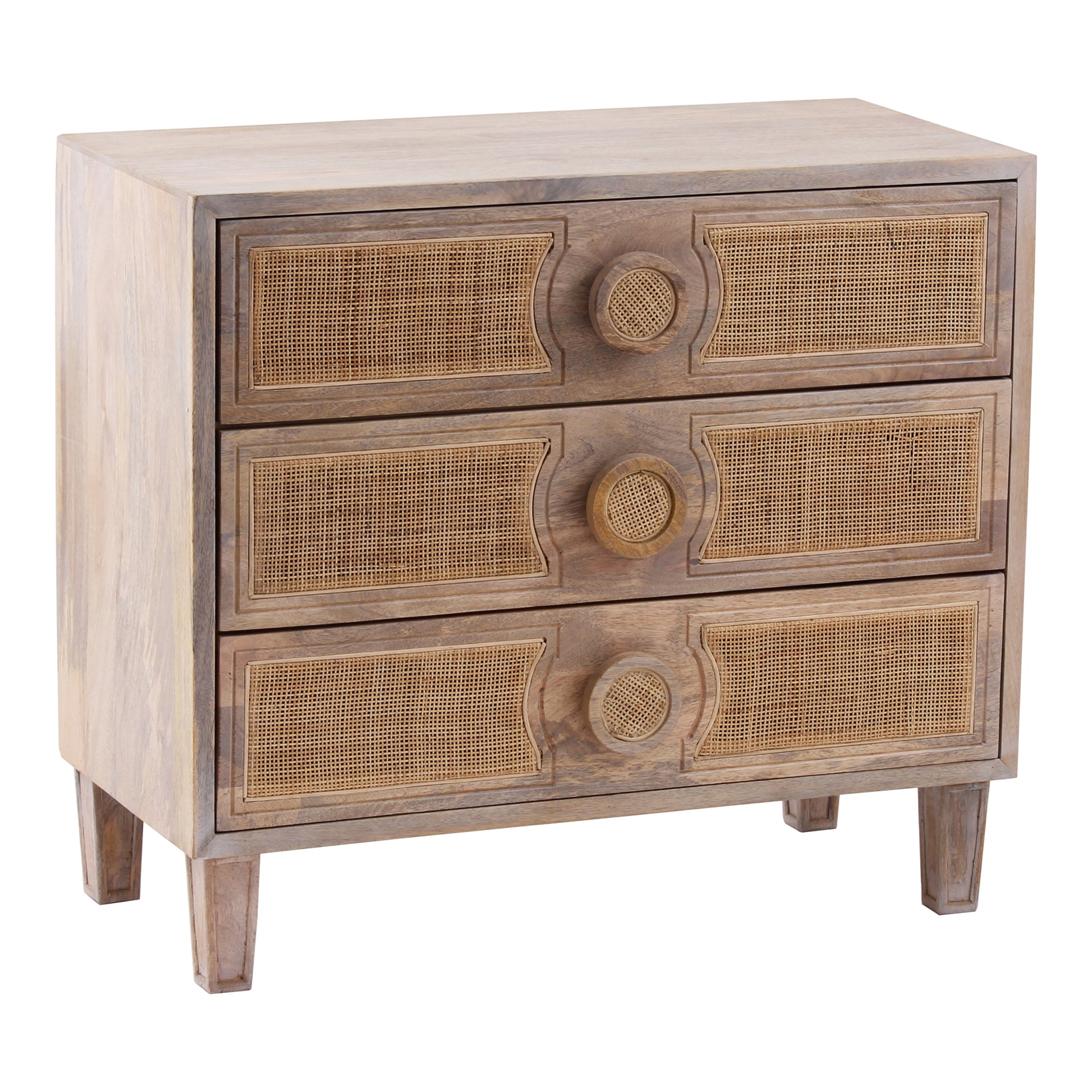 Zuri Dresser, Solid Mango Wood with Natural Cane Drawer Fronts, Scandinavian Aesthetics, Natural Hue