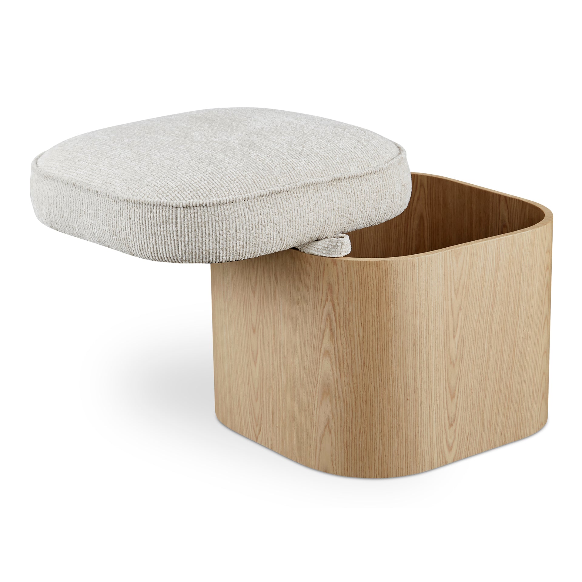 Clarisse Stool, Lift-Top Storage, Ash Veneer Base, Flecked Oatmeal Upholstery, Ash