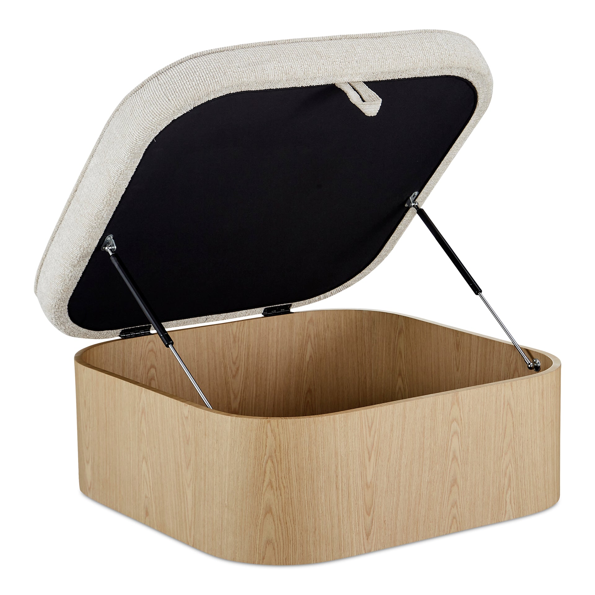 Clarisse Ottoman, Hydraulic Lift Storage, Ash Veneer Base, Flecked Oatmeal Upholstery, Ash