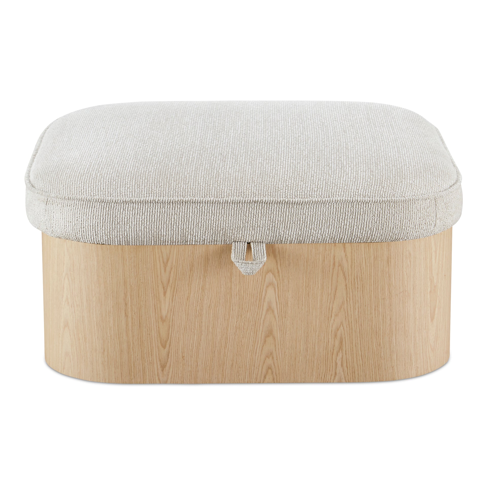 Clarisse Ottoman, Hydraulic Lift Storage, Ash Veneer Base, Flecked Oatmeal Upholstery, Ash