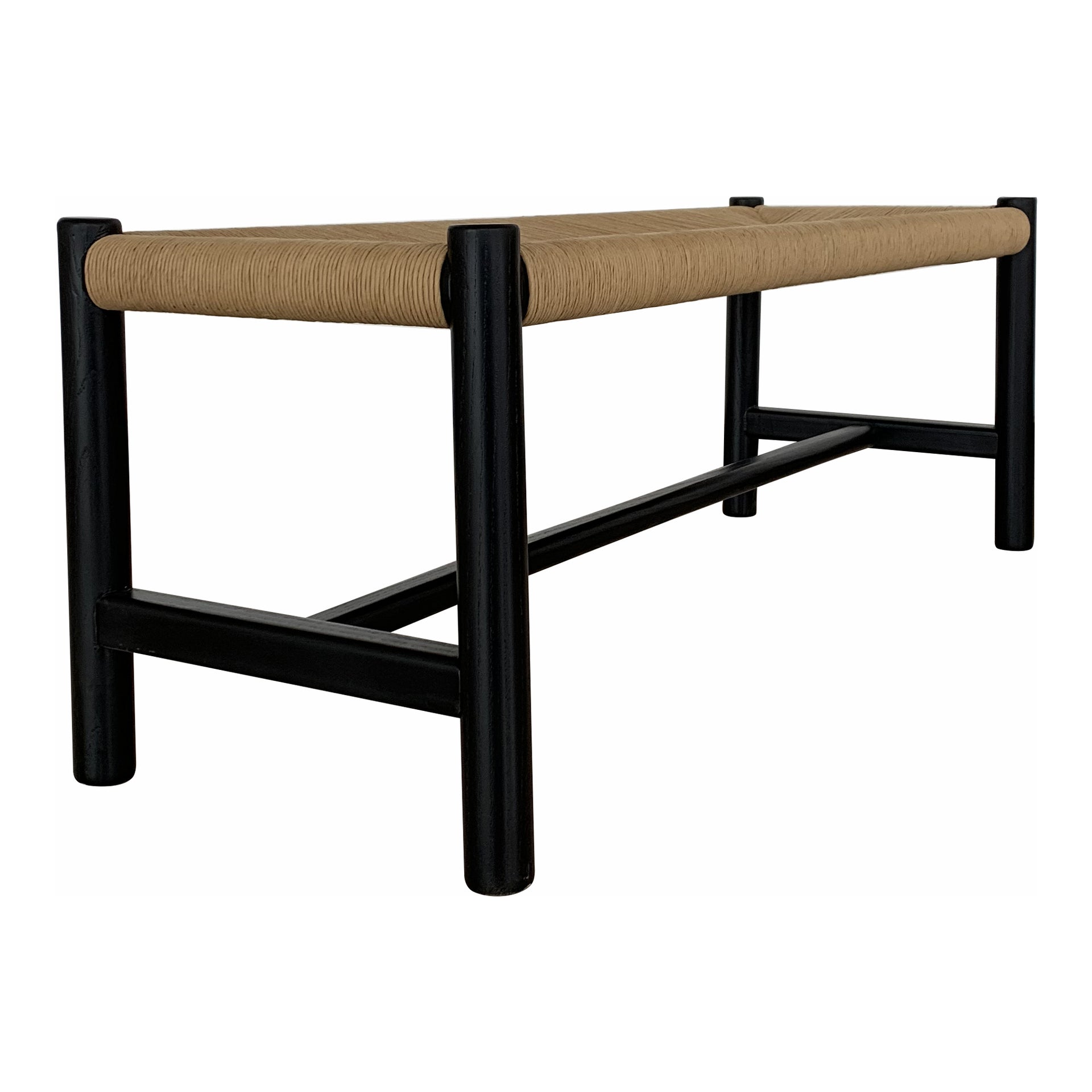 Mayor Bench, Rectangular Solid Elm Frame with Woven Natural-Fiber Rope Seat, Small, Black