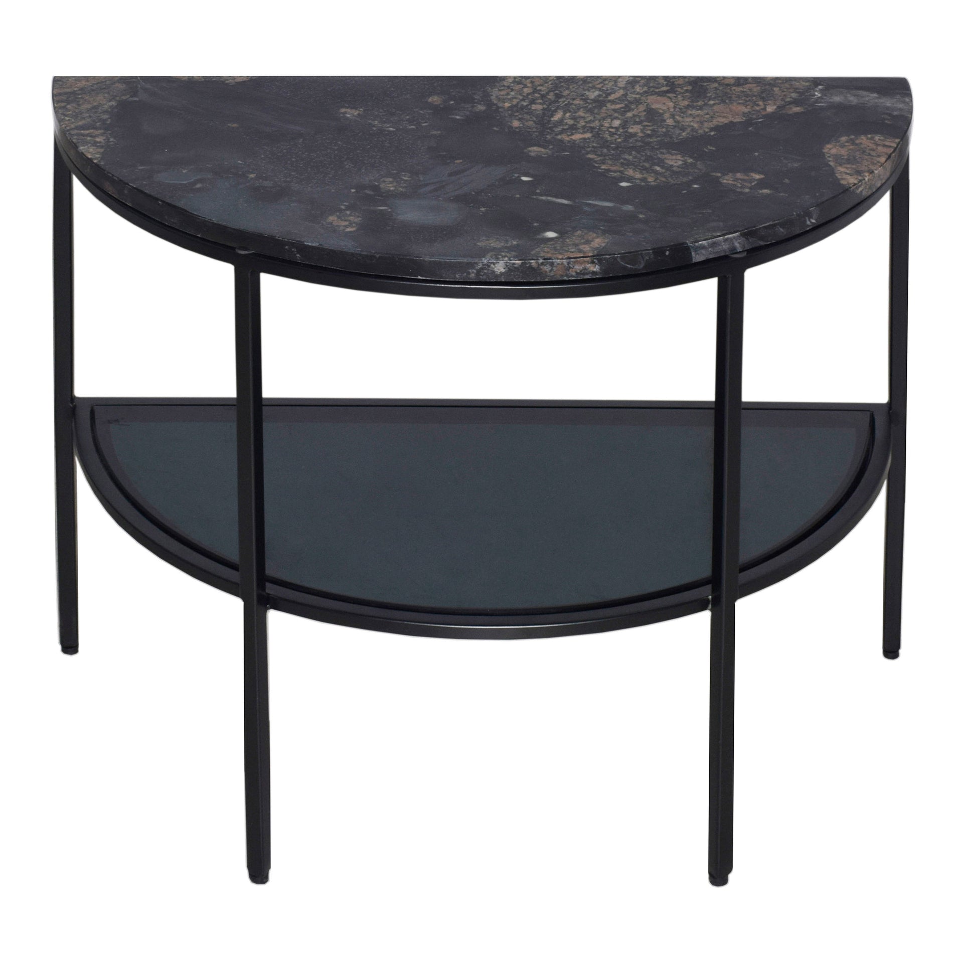 Jovie, Accent Table Multitone Marble Top, Tempered Glass Shelf, Black Powder-Coated Iron Frame