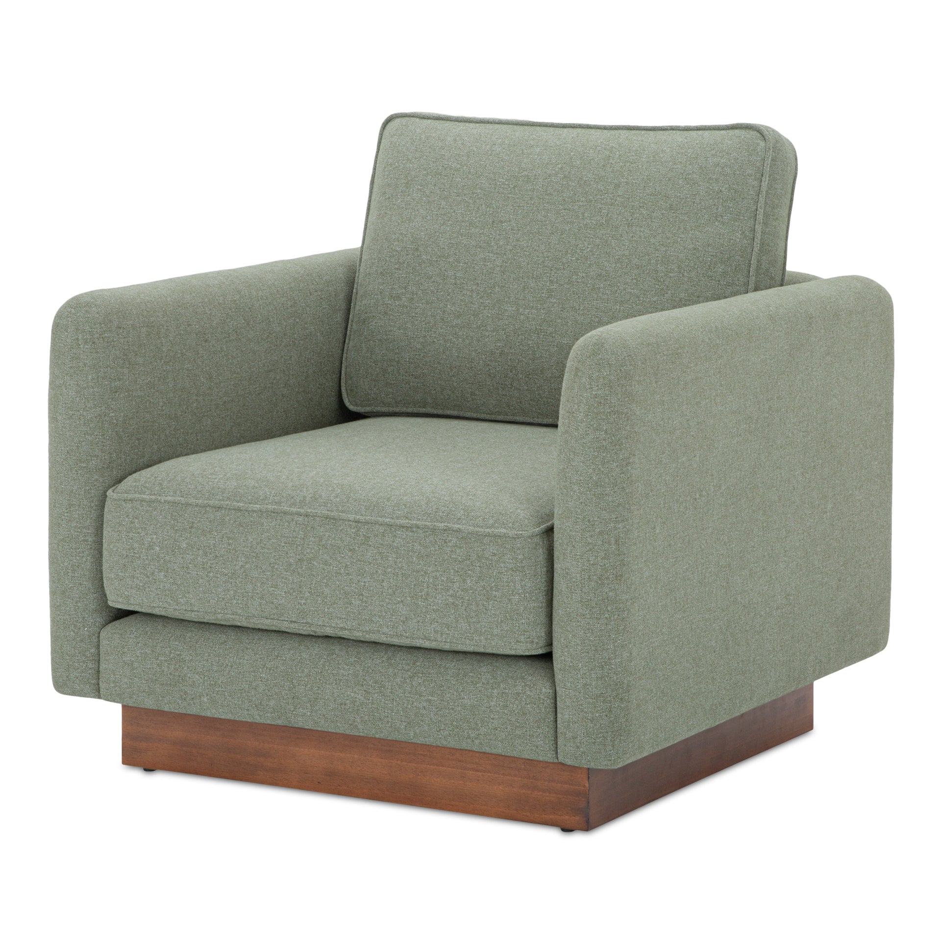 Indigo Accent Chair, Oversized Lounge Seat with Walnut Tone Veneer Plinth Base, Green Guard-Certified Polyester Upholstery, Sage