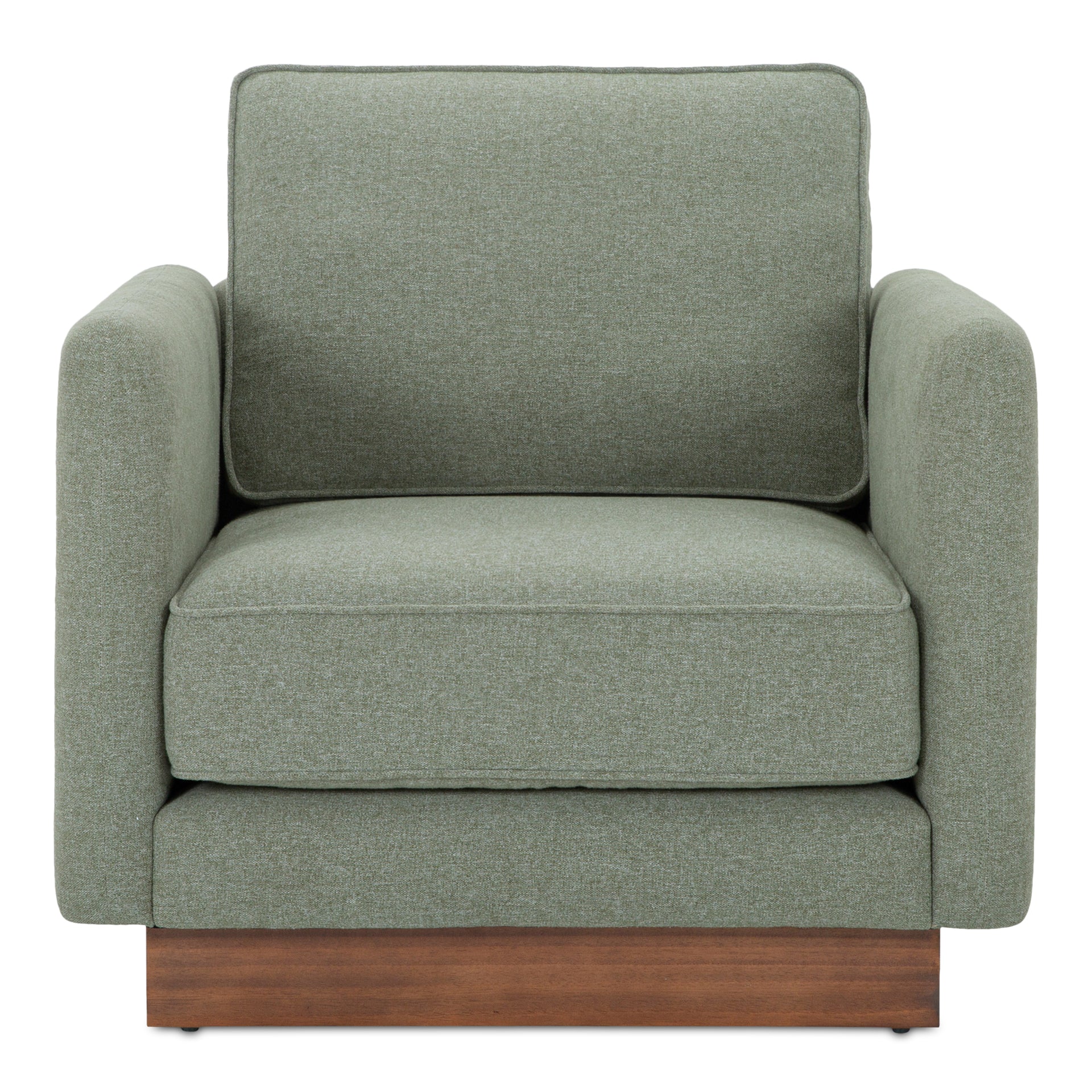 Indigo Accent Chair, Oversized Lounge Seat with Walnut Tone Veneer Plinth Base, Green Guard-Certified Polyester Upholstery, Sage