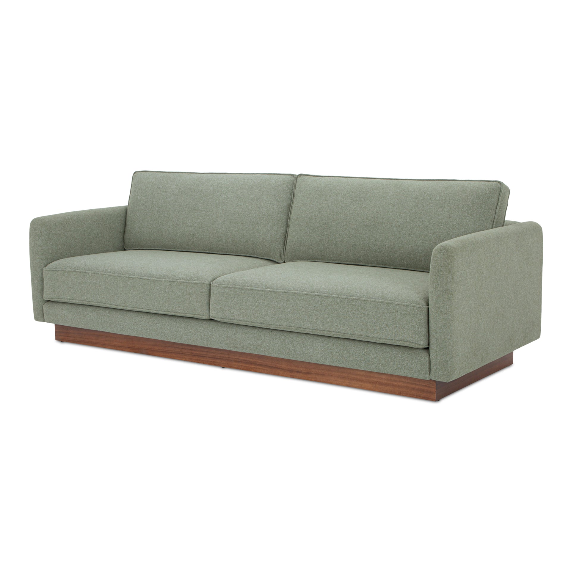 Indigo Sectional Sofa, Wide Seat, Walnut Tone Veneer Plinth Base, Green Guard-Certified Polyester Upholstery, Seats 3, Sage