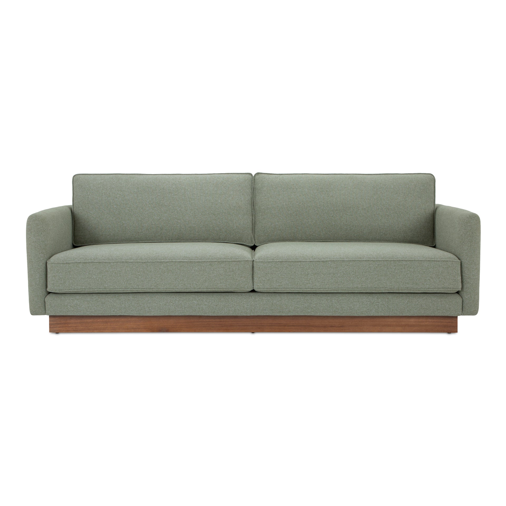 Indigo Sectional Sofa, Wide Seat, Walnut Tone Veneer Plinth Base, Green Guard-Certified Polyester Upholstery, Seats 3, Sage