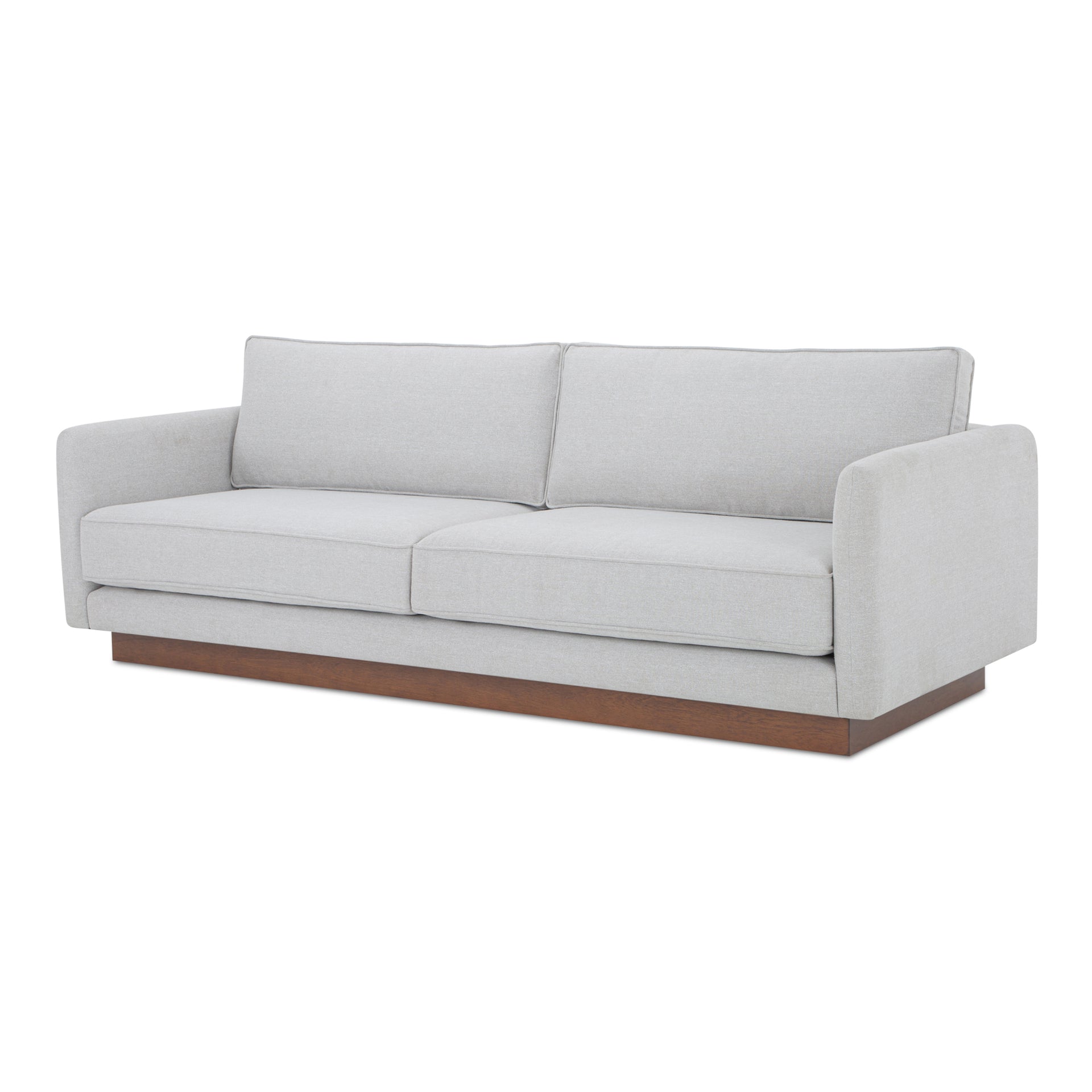 Indigo Sectional Sofa, Walnut Tone Veneer Base, Green Guard-Certified Fabric Upholstery, Seats 3, Light Grey