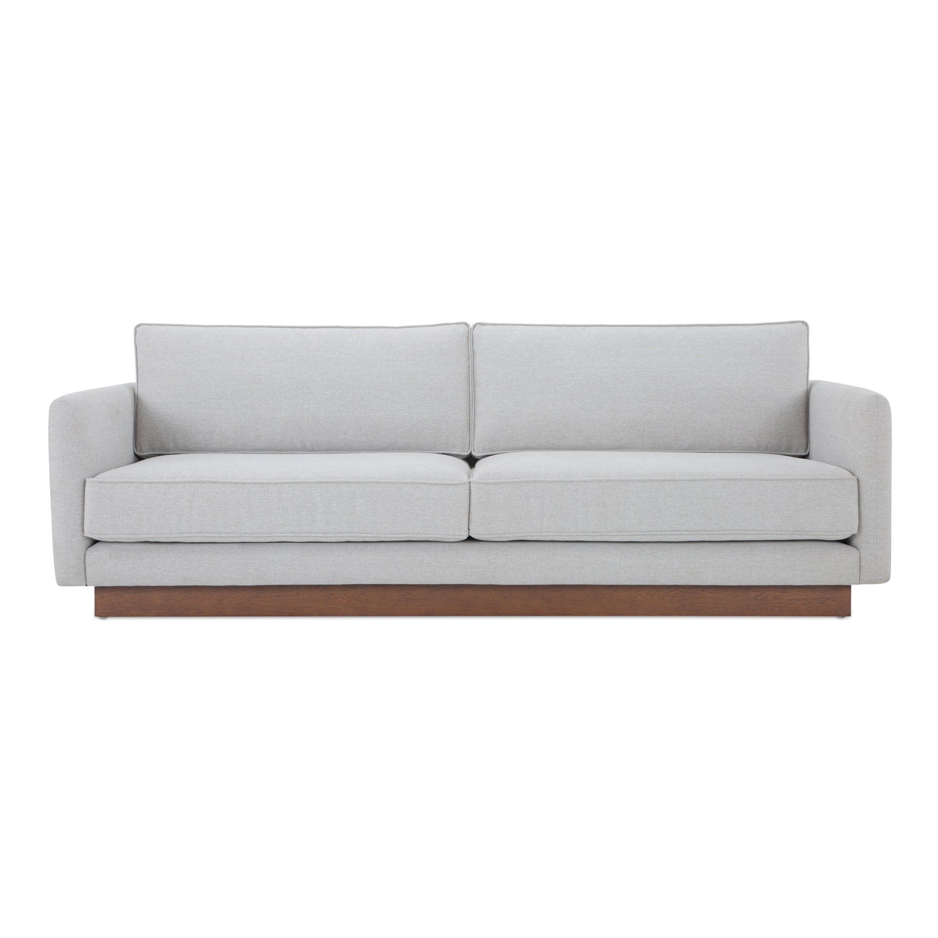 Indigo Sectional Sofa, Walnut Tone Veneer Base, Green Guard-Certified Fabric Upholstery, Seats 3, Light Grey