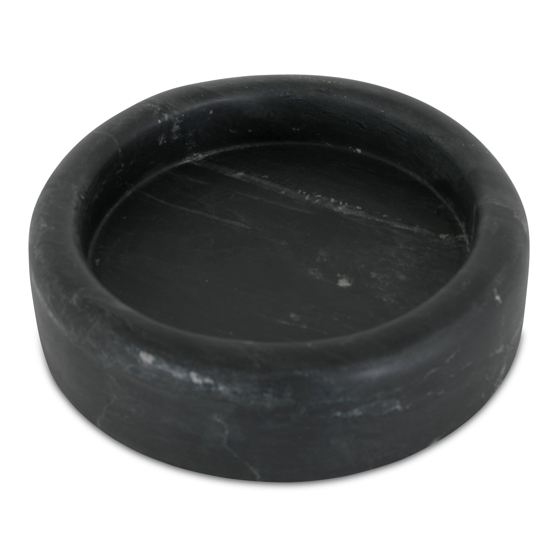 Drayen Tray, Round, Solid Black Marble with White Veining, Vintage-Scale 8-Inch, Black