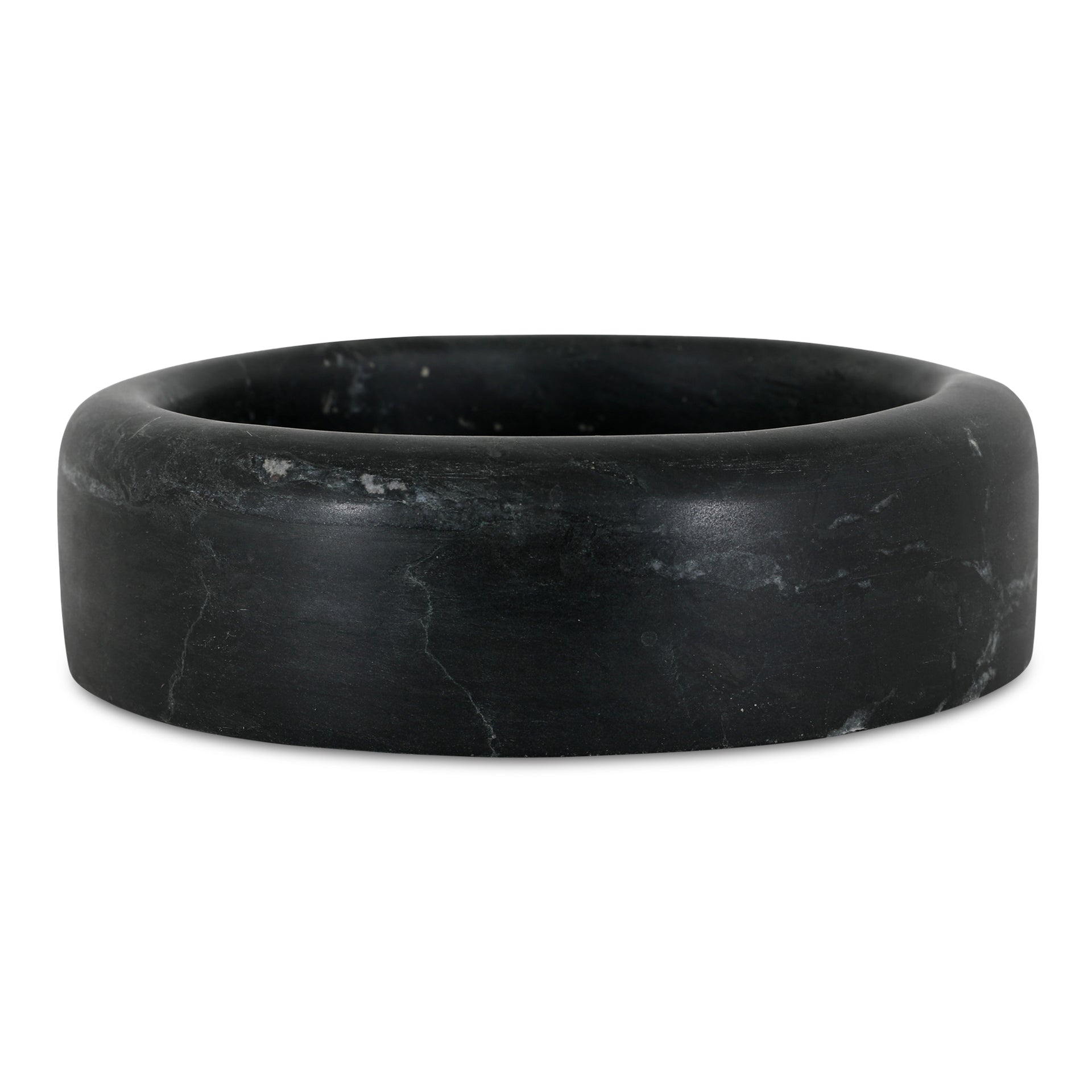 Drayen Tray, Round, Solid Black Marble with White Veining, Vintage-Scale 8-Inch, Black
