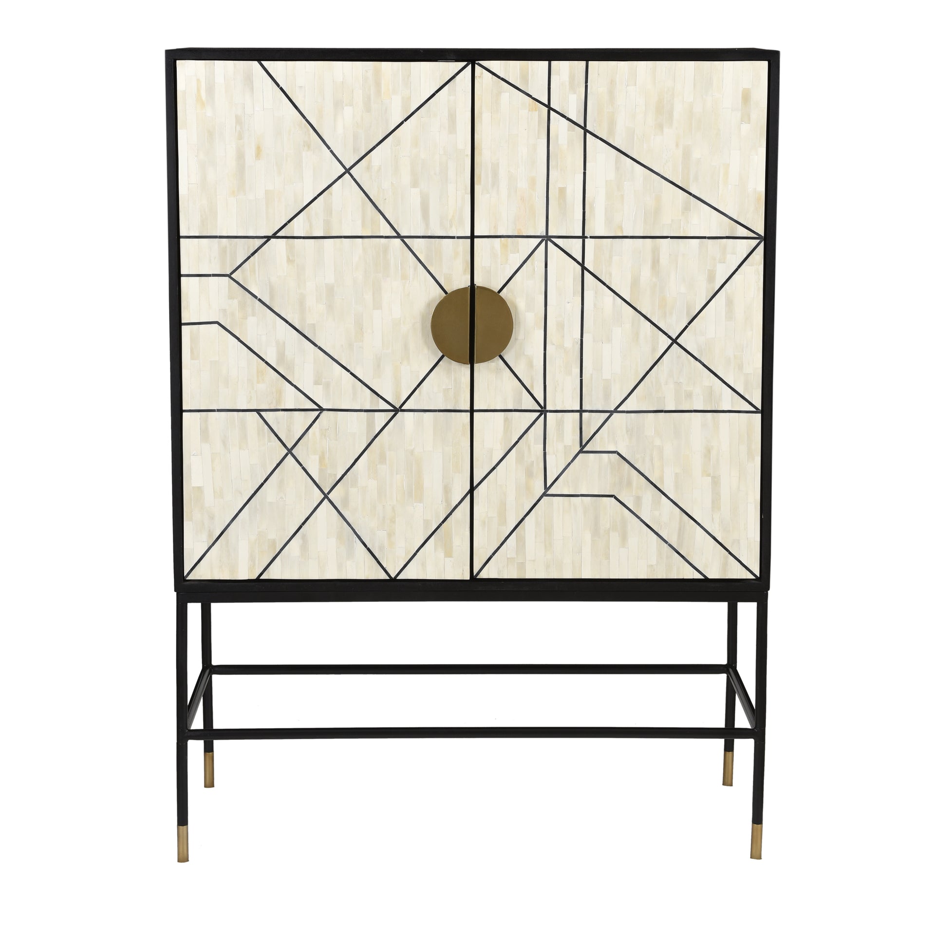 Rogers, Art Deco Cabinet, Bone Veneer on Solid Mango Wood with Iron Base, Multicolor