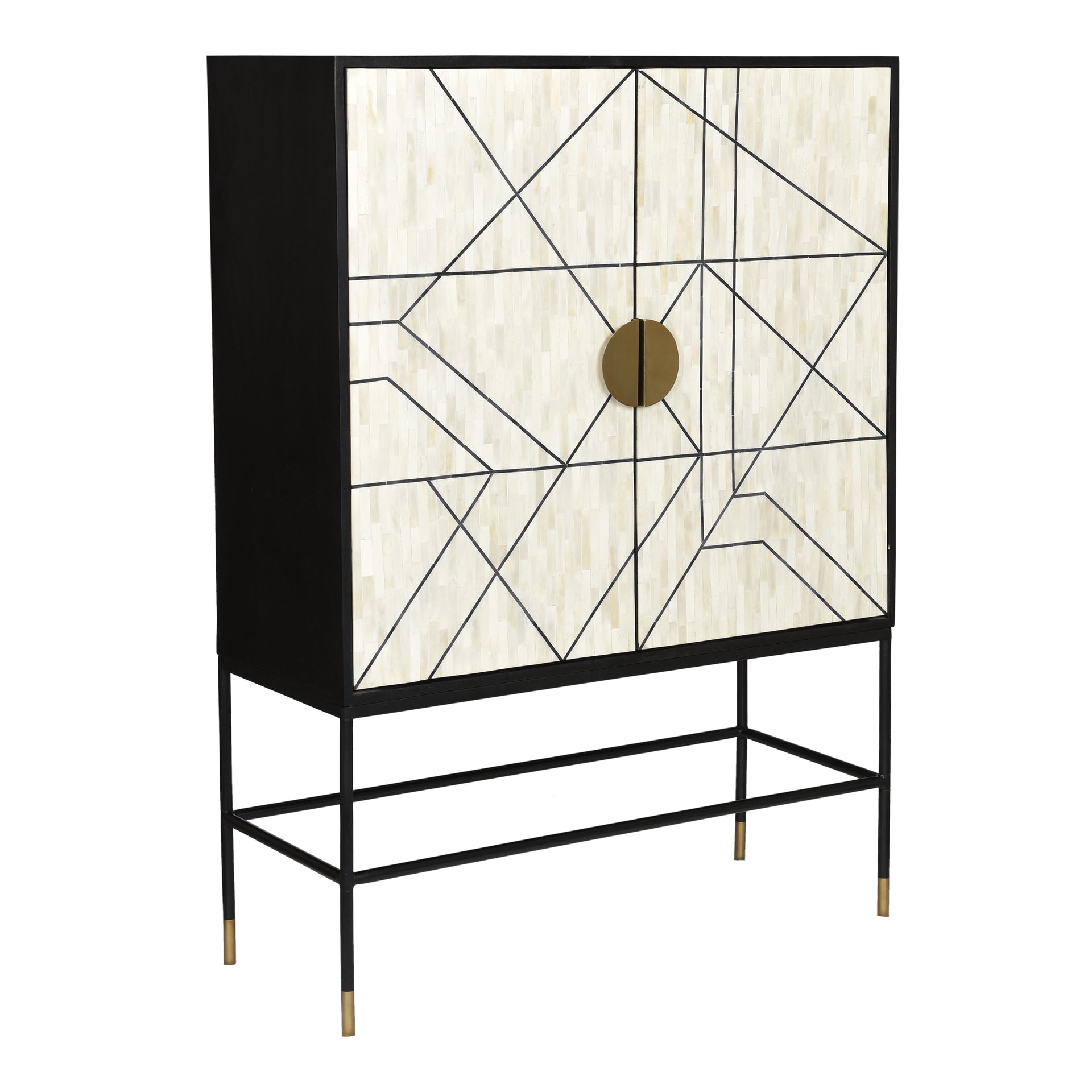 Rogers, Art Deco Cabinet, Bone Veneer on Solid Mango Wood with Iron Base, Multicolor