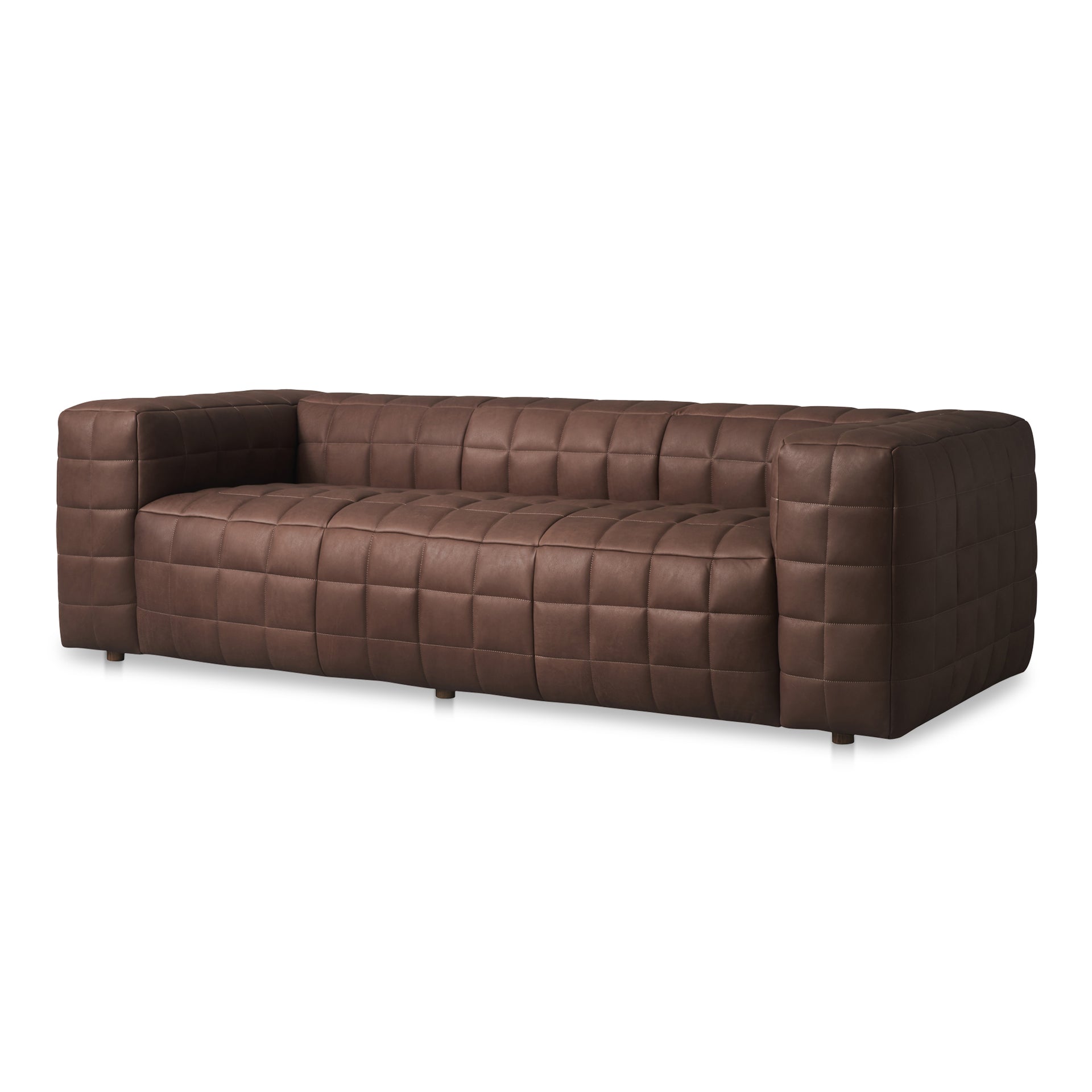 Sylvana Sofa, Full Aniline Leather Upholstery, Grid Stitching, Wide Arms and Bench Seat, Low Back, 3 Seater, Dark Brown