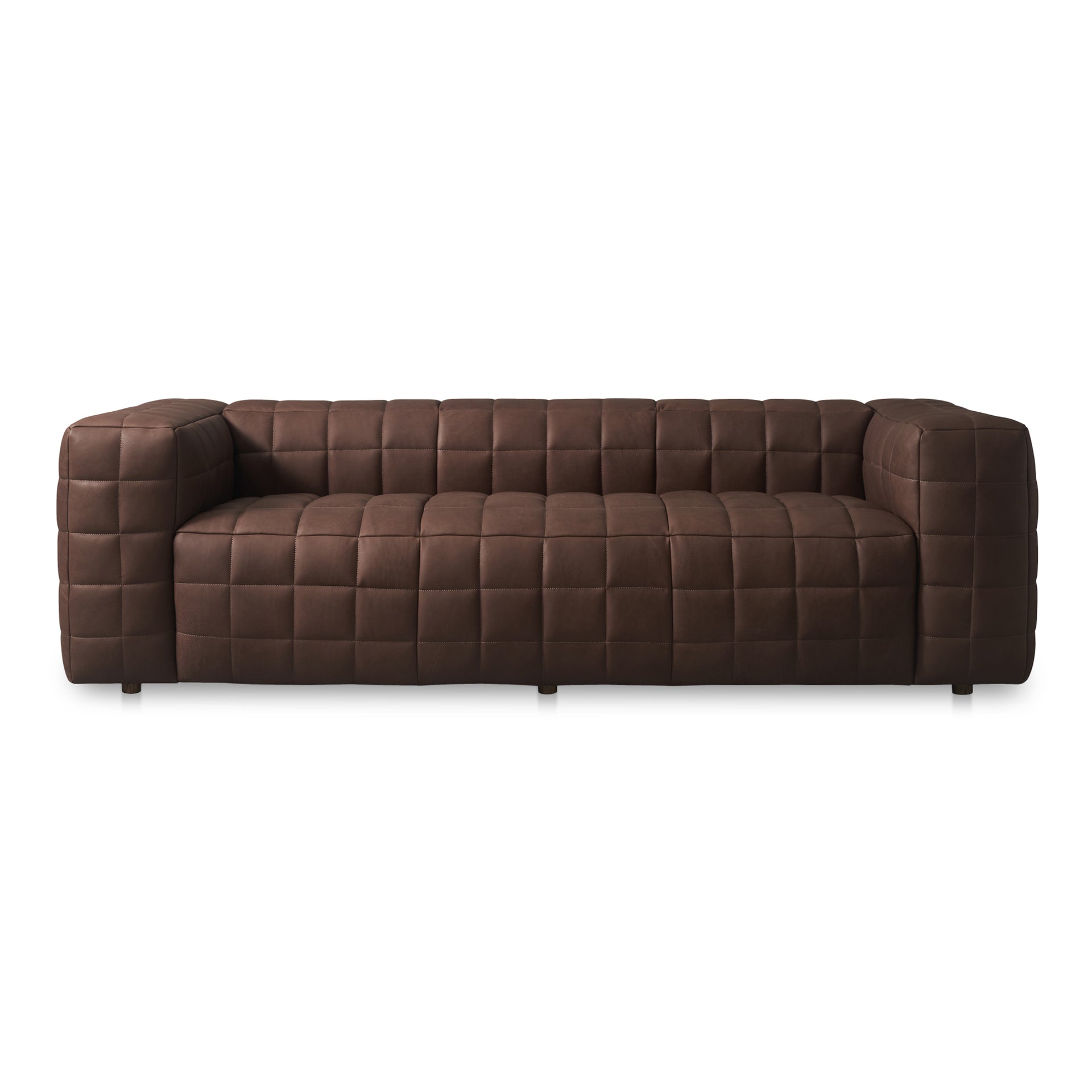 Sylvana Sofa, Full Aniline Leather Upholstery, Grid Stitching, Wide Arms and Bench Seat, Low Back, 3 Seater, Dark Brown