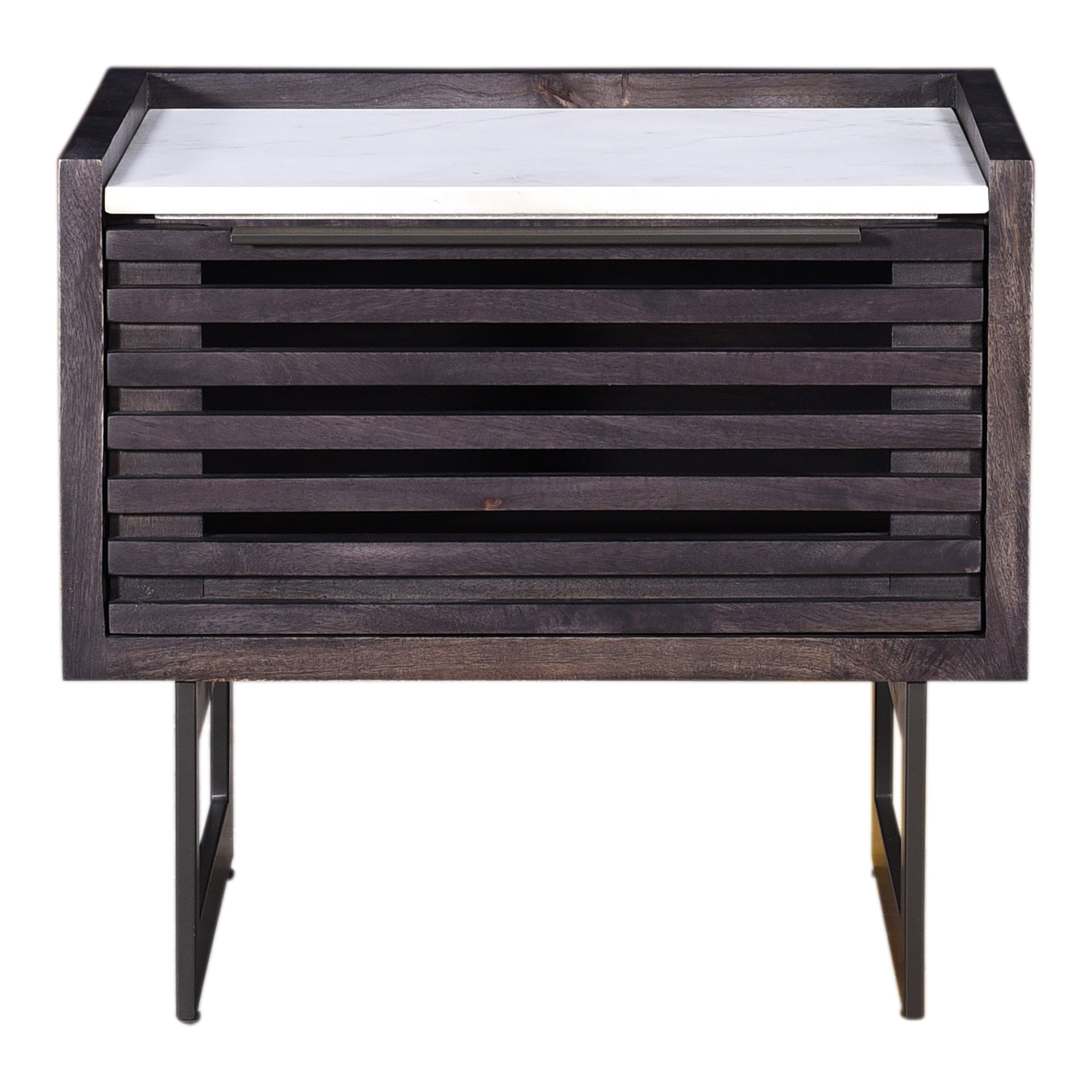 Ozias Nightstand, Solid Mango Wood, White Marble Top, Steel Legs, Charcoal Grey