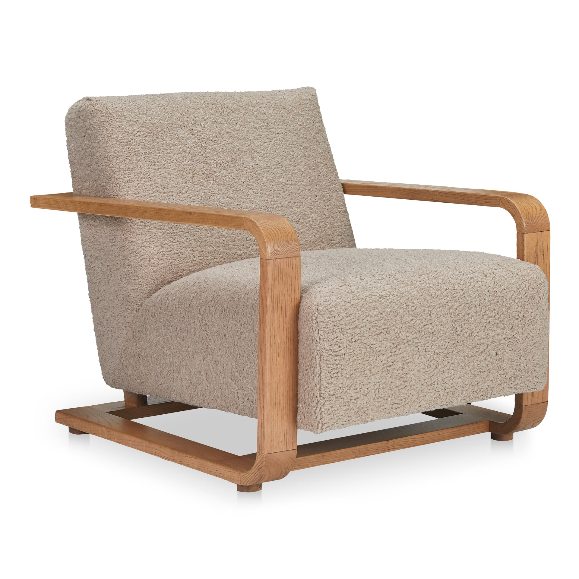 Joseph Occasional Chair, Modern Faux Shearling Upholstery, Solid Oak Frame, Beige