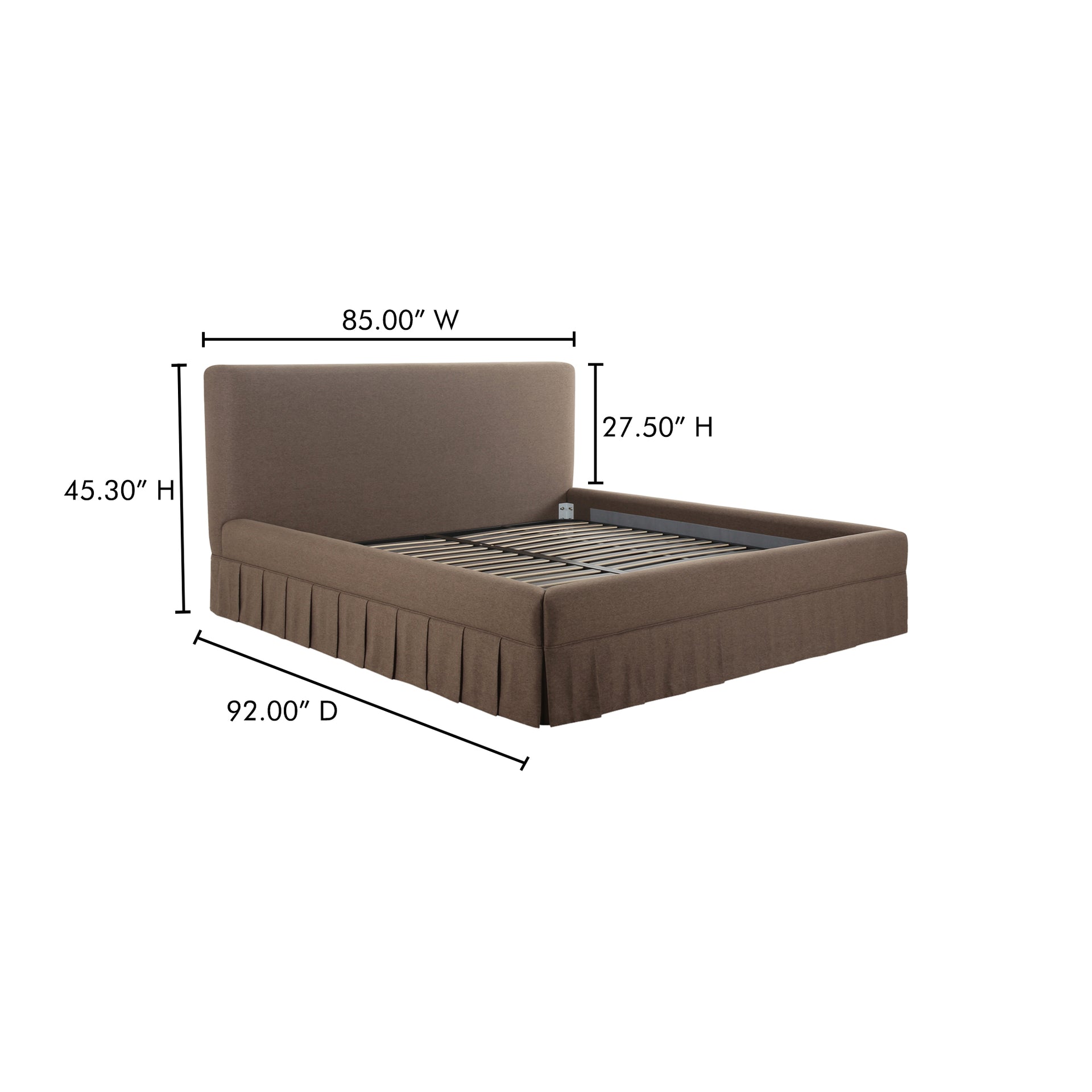 Lenora King Bed, Upholstered in Oeko-Tex Certified Polyester, Tennis Skirt Pleated Base, Warm Brown