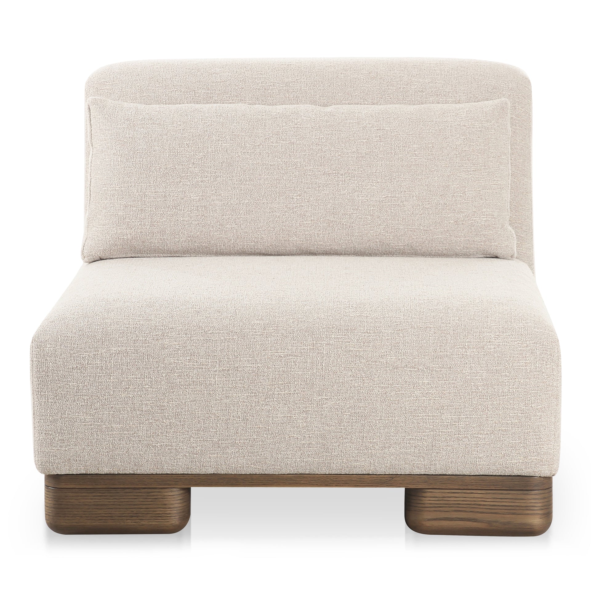 Quinlan Slipper Chair, Upholstered Performance Fabric, Oak Veneer Legs, Foam and Feather-Filled Cushion, Rustic Design, Oatmeal Beige