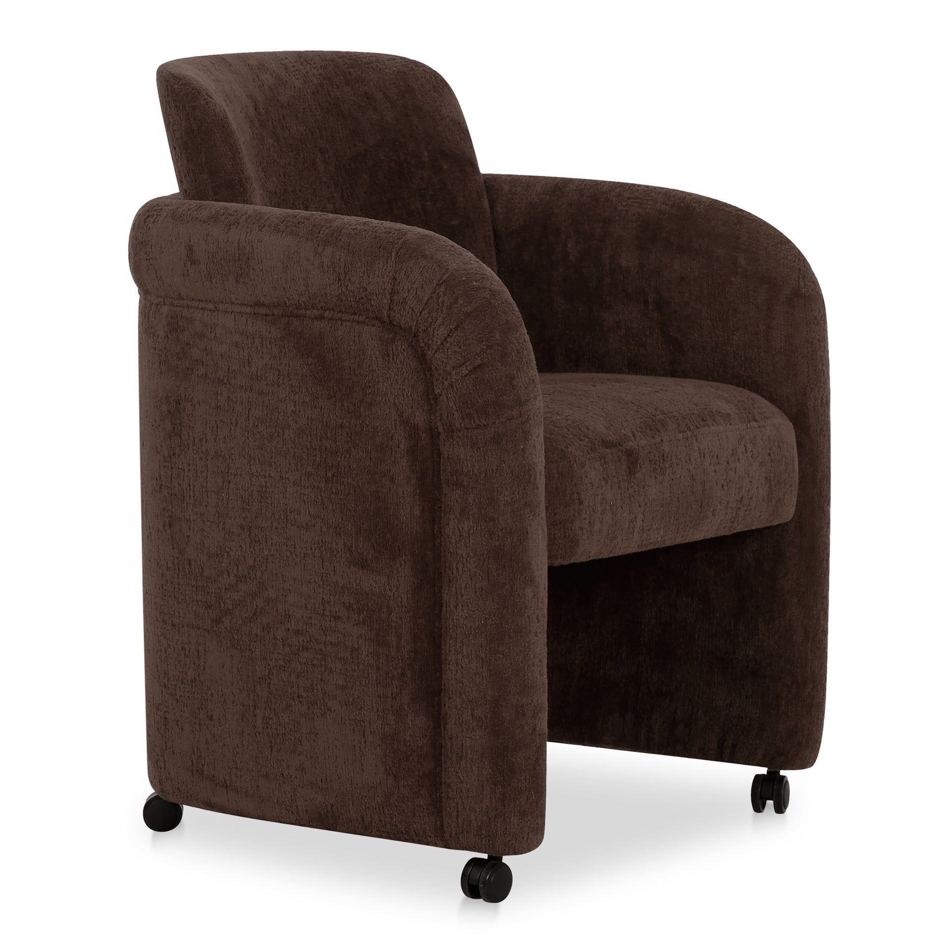 Amara Dining Chair, English Roll with Pleated Details, Polyester Upholstery, Plywood Frame, Dark Brown