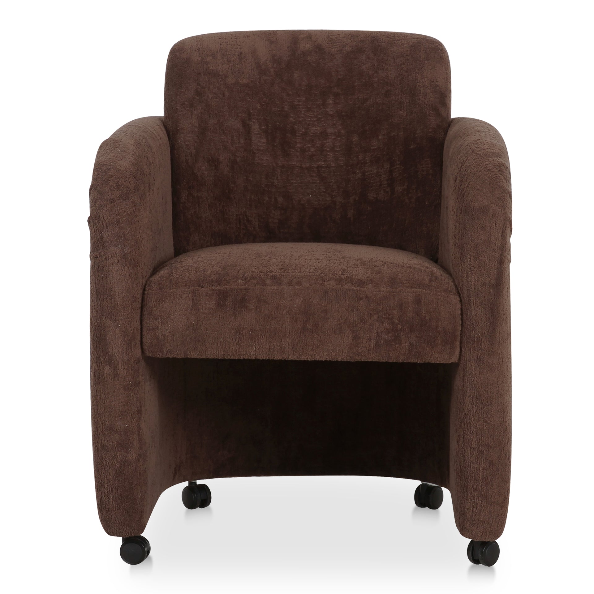 Amara Dining Chair, English Roll with Pleated Details, Polyester Upholstery, Plywood Frame, Dark Brown