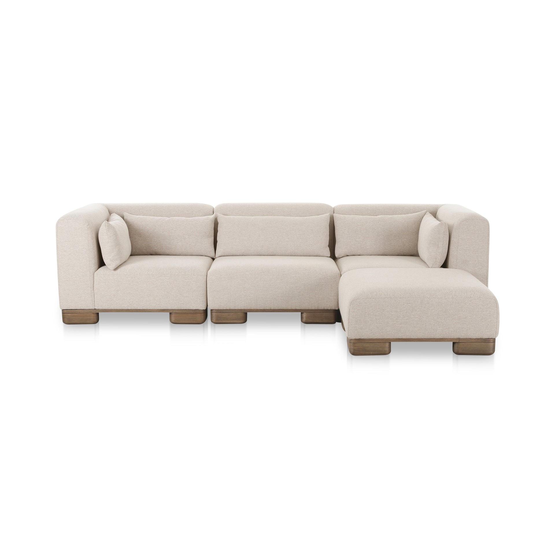 Quinlan Lounge Modular Sectional, Upholstered Performance Fabric, Oak Veneer Legs, Foam and Feather-Filled Cushions, Oatmeal Beige