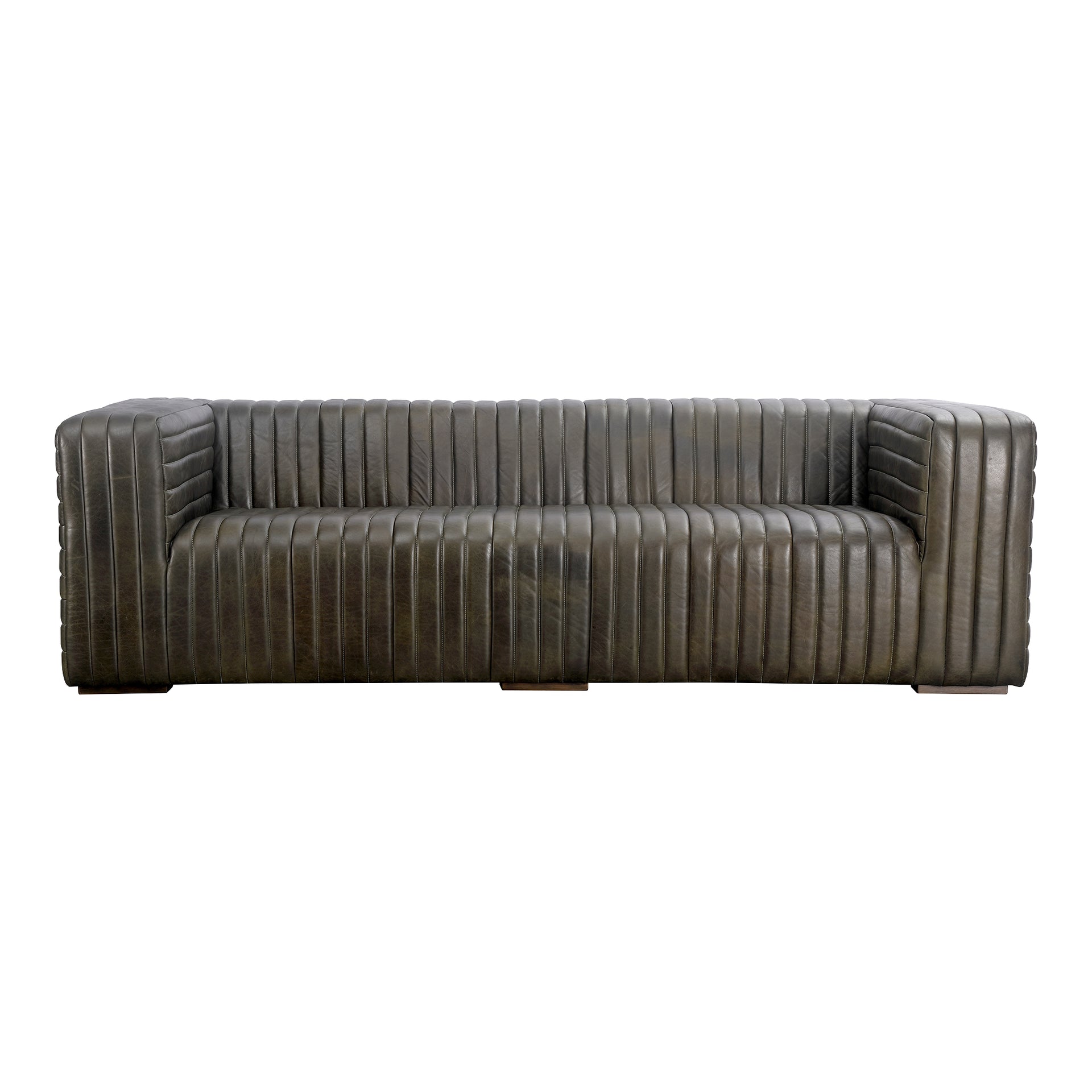 Kennedy Sofa, Top Grain Leather Upholstery with Rubber Wood Feet, Seats 3, Charred Olive