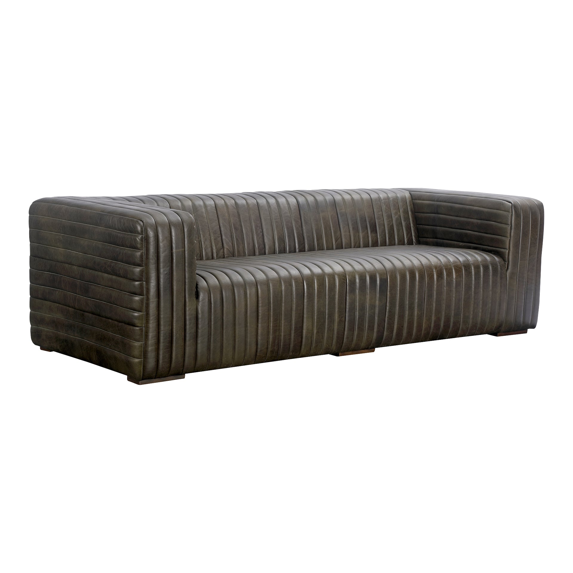 Kennedy Sofa, Top Grain Leather Upholstery with Rubber Wood Feet, Seats 3, Charred Olive