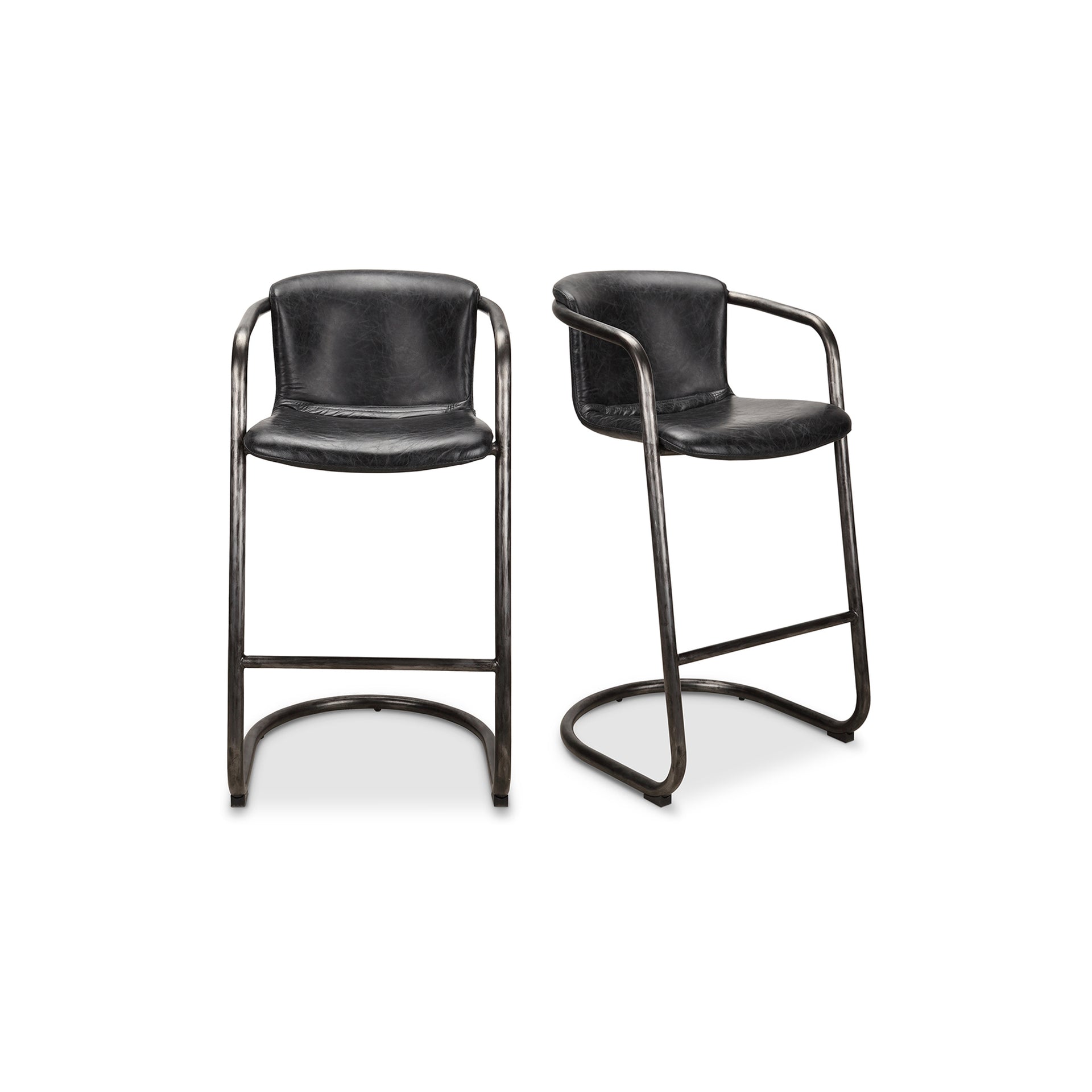 Galen, Bar Stool Rustic Brown Leather, Industrial Iron Frame, Black - Set of 2