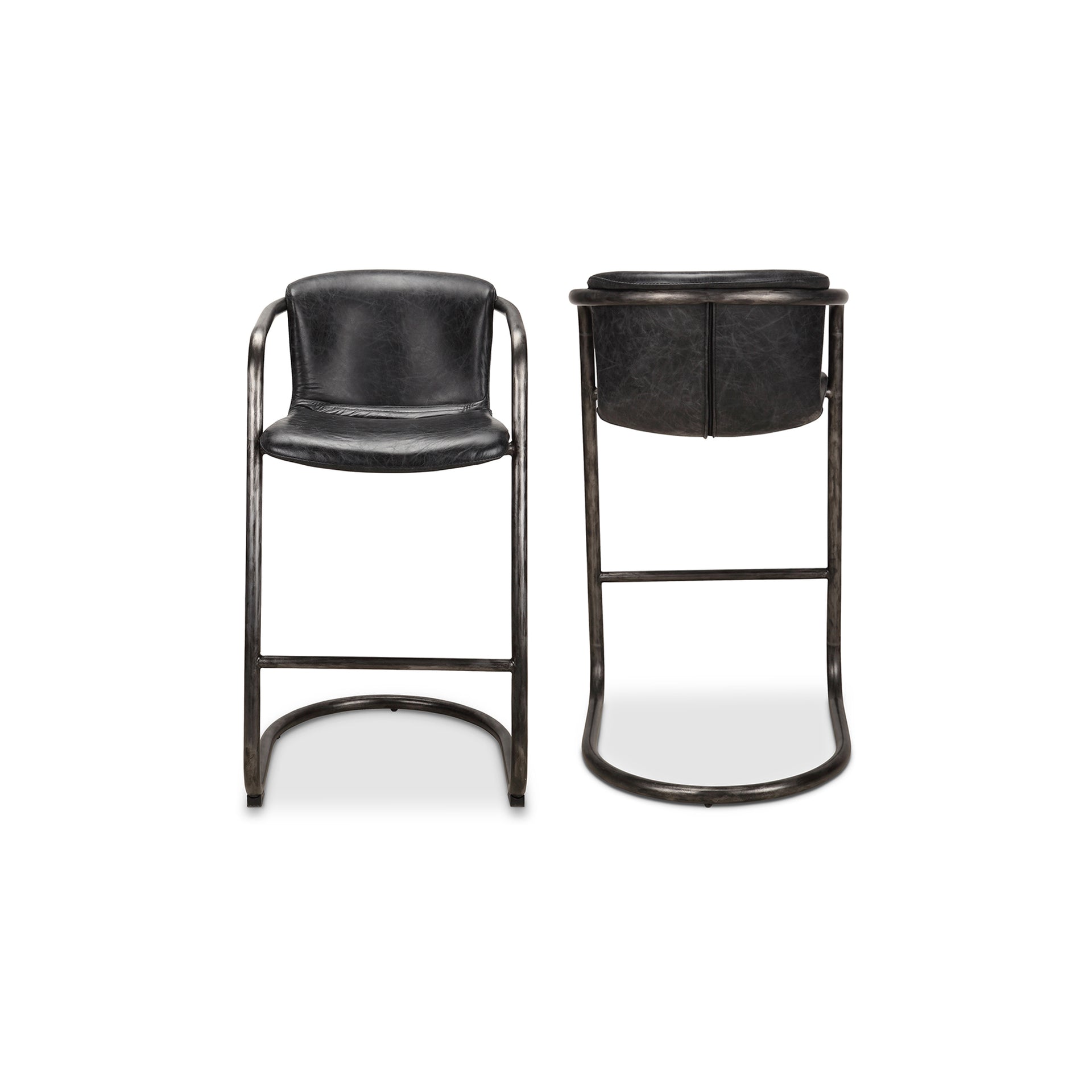 Galen, Bar Stool Rustic Brown Leather, Industrial Iron Frame, Black - Set of 2
