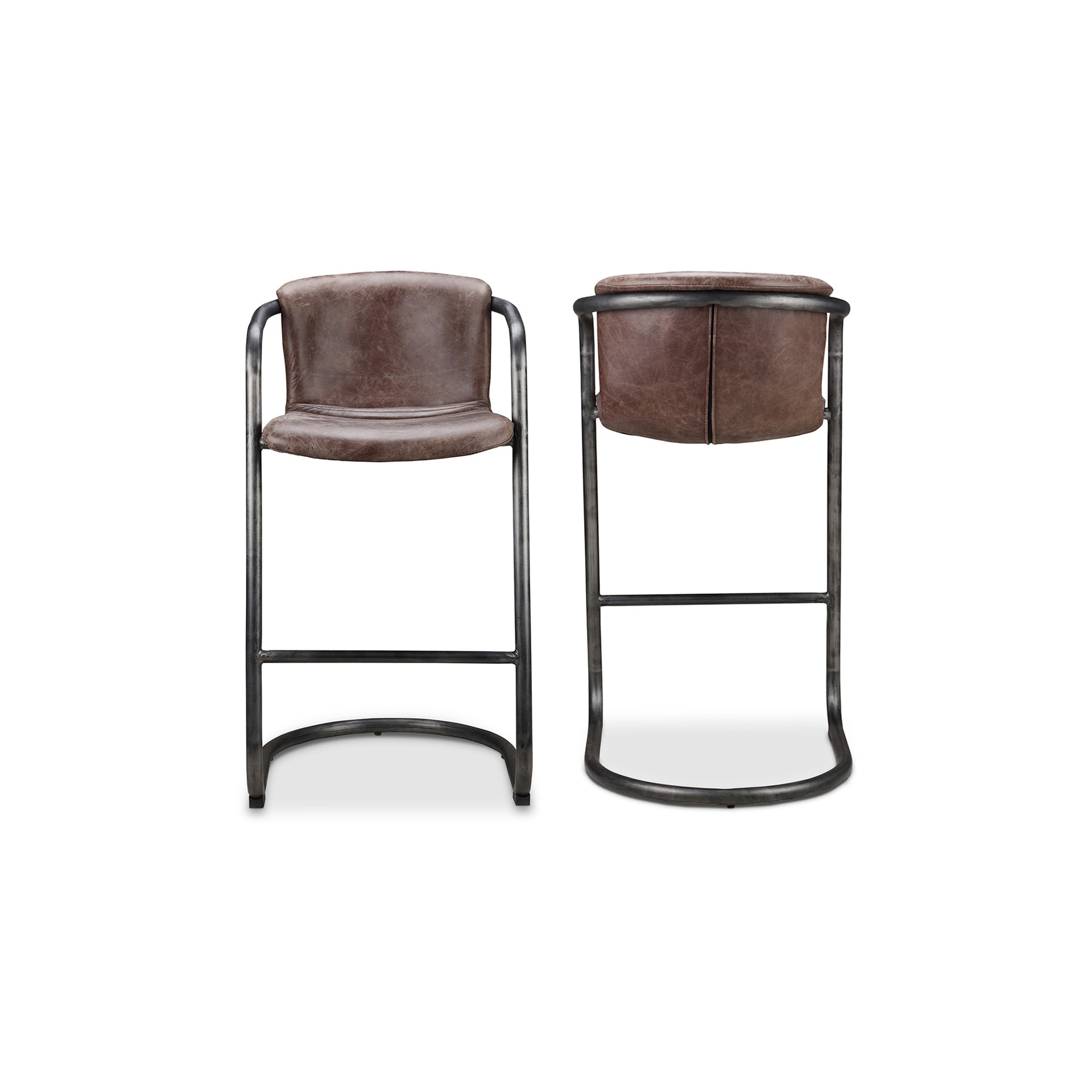 Galen, Bar Stool Rustic Brown Leather, Industrial Iron Frame, Brown - Set of 2