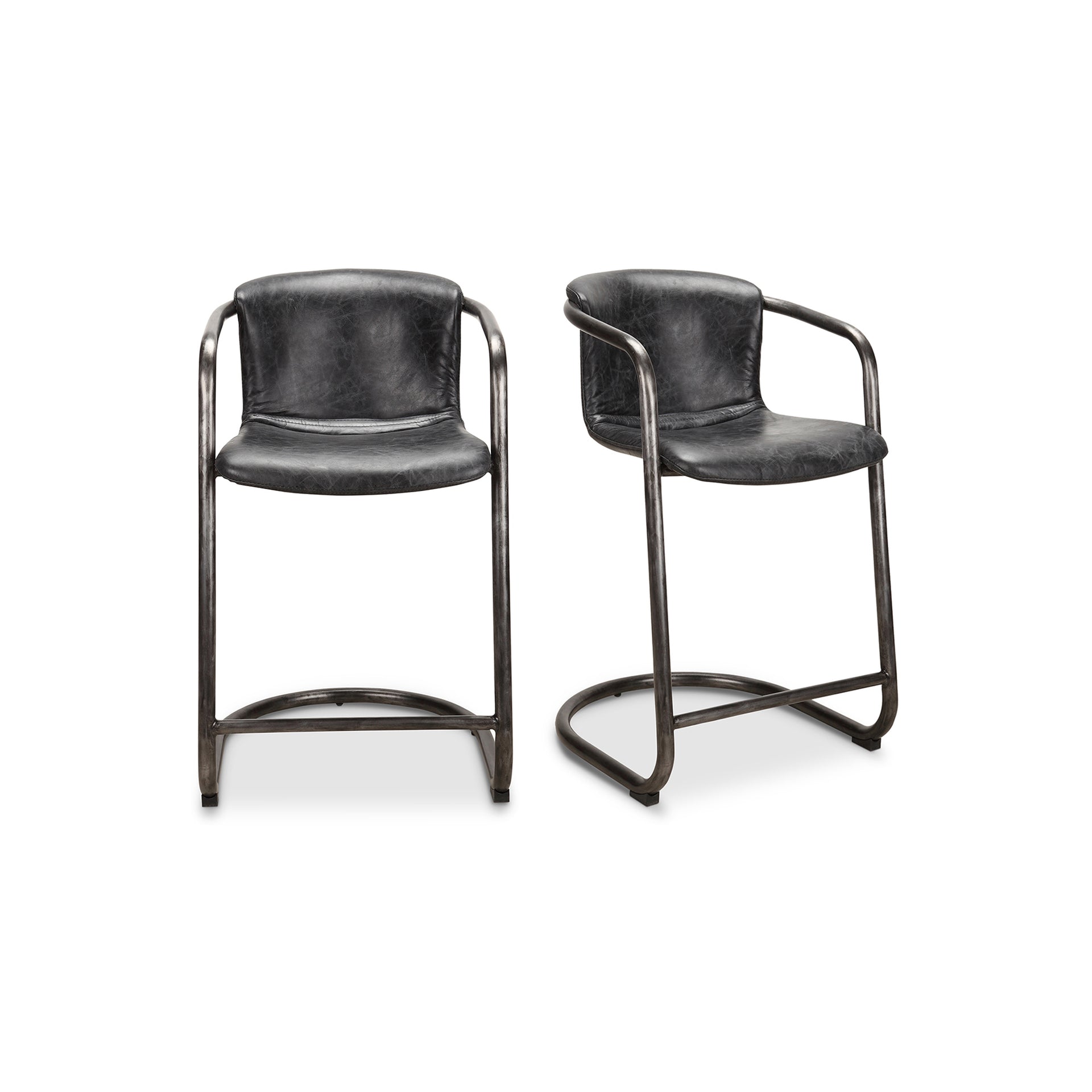 Galen - Tubular Iron Legs Counter Stool, Onyx Black Leather - Set of Two