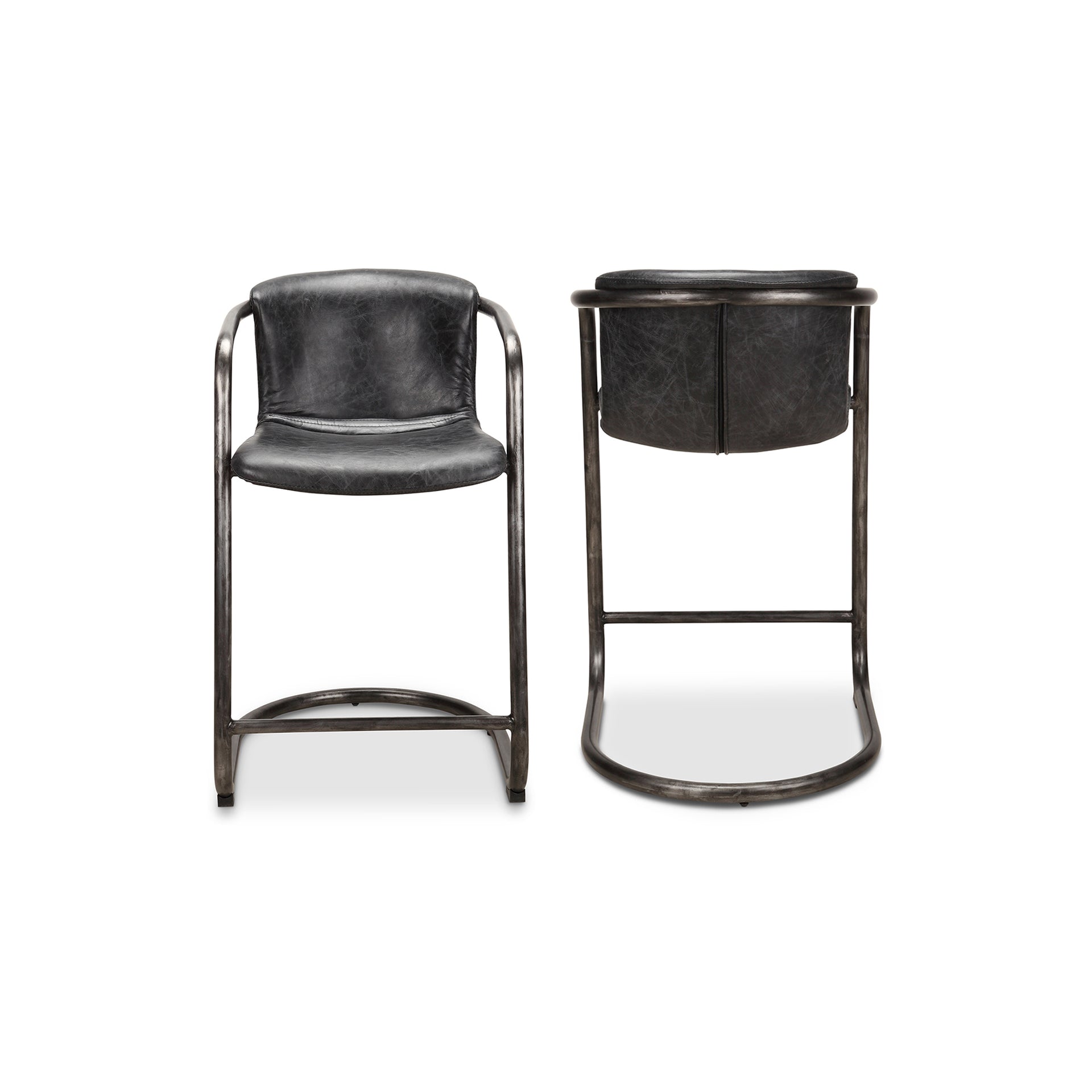 Galen - Tubular Iron Legs Counter Stool, Onyx Black Leather - Set of Two