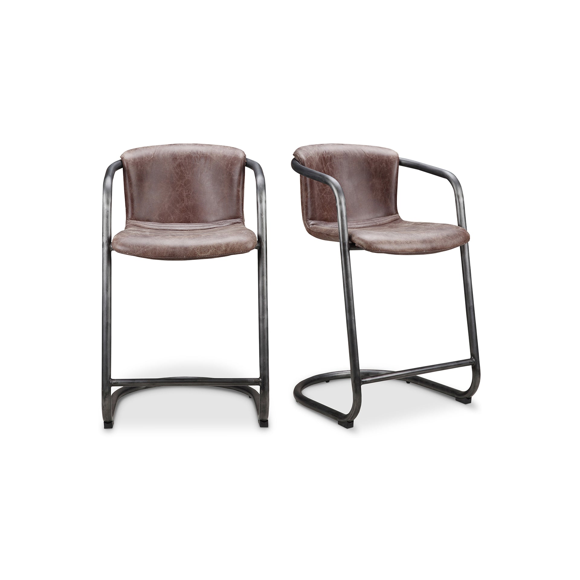 Galen Counter Stool, Top-Grain Leather with Iron Frame, Industrial Style, Brown - Set of 2
