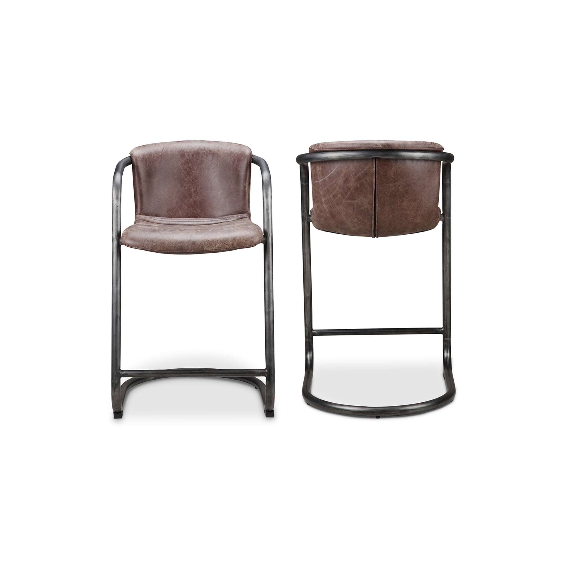 Galen Counter Stool, Top-Grain Leather with Iron Frame, Industrial Style, Brown - Set of 2
