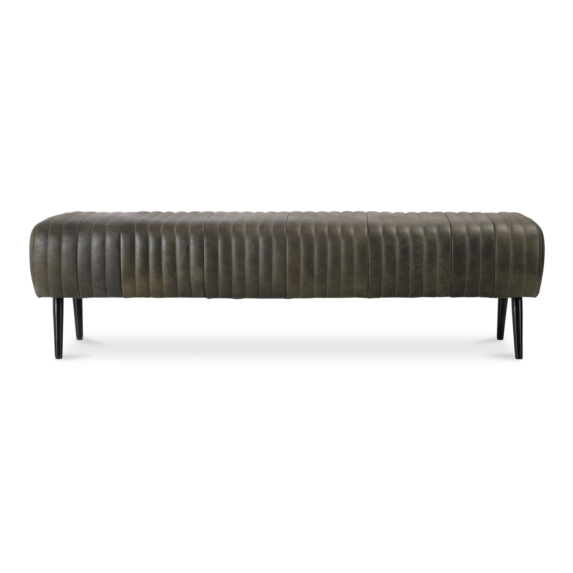Elton Bench, Rectangular Top-Grain Leather Upholstery with Matte Brass Iron Legs, Charred Olive