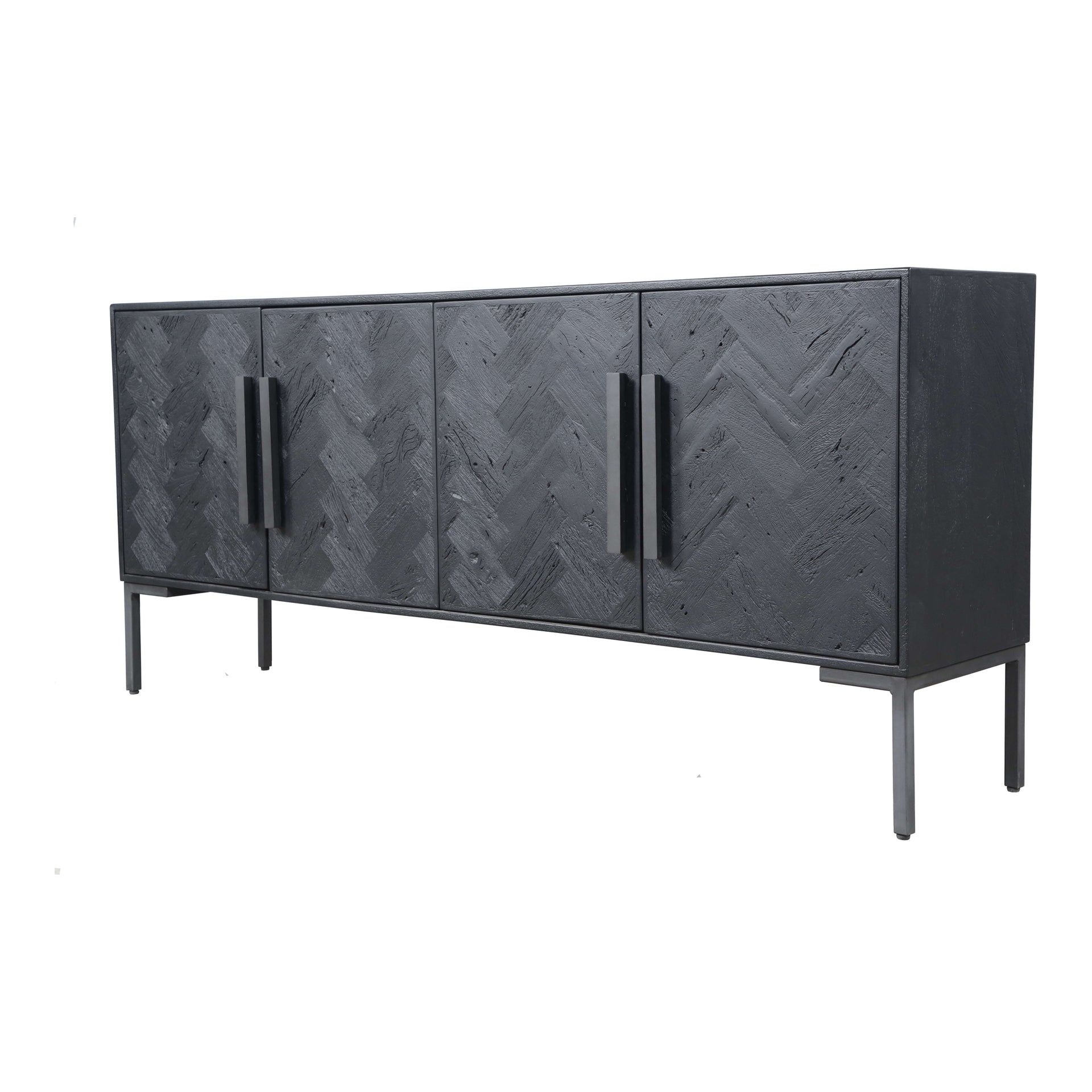 Zanna Sideboard, Reclaimed Mango Wood, Herringbone Pattern, Iron Legs, 4 Cabinet Doors, Black