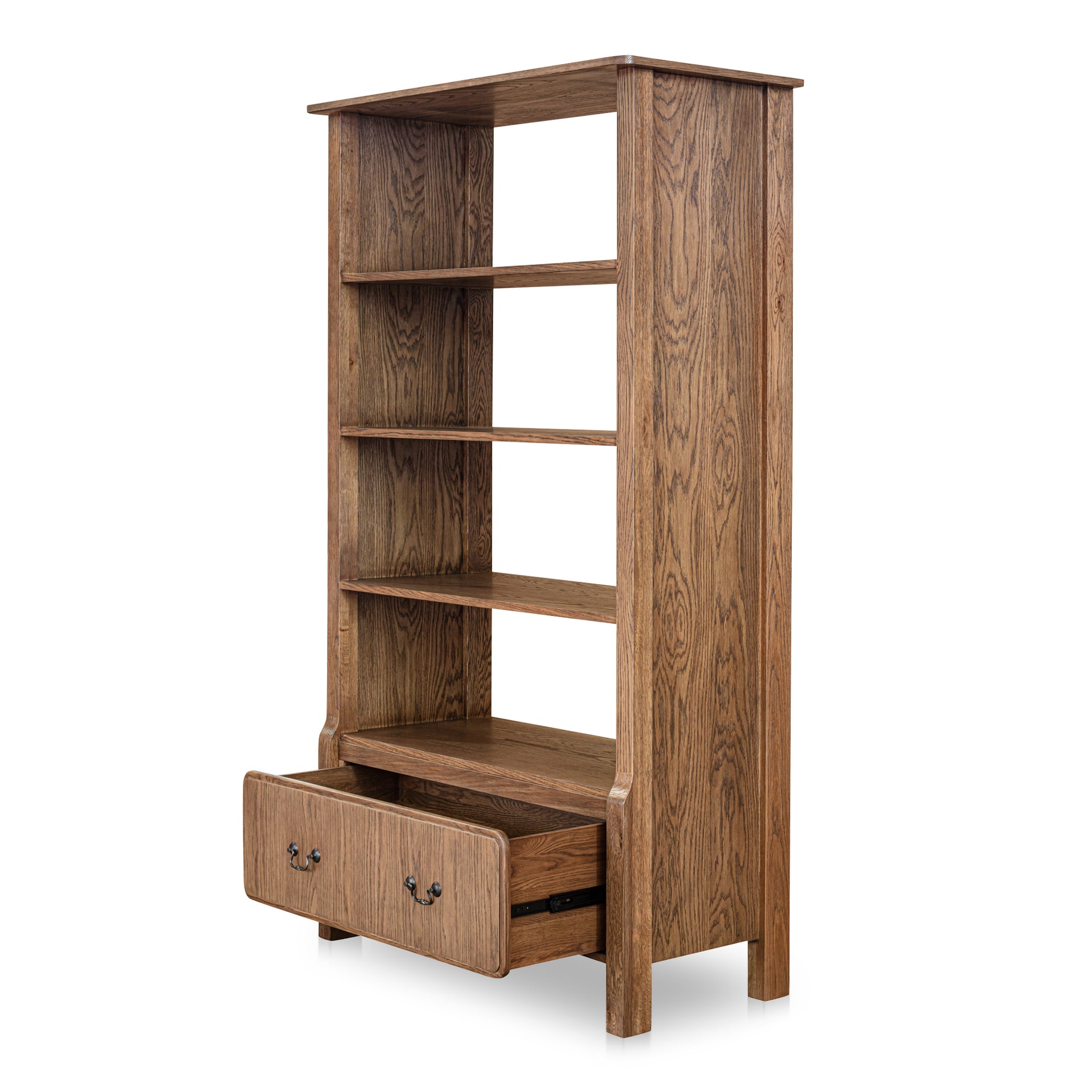 Bastian Bookshelf, Solid Oak Frame, Overhang Detail, 4 Shelves & Drawer, Warm Brown