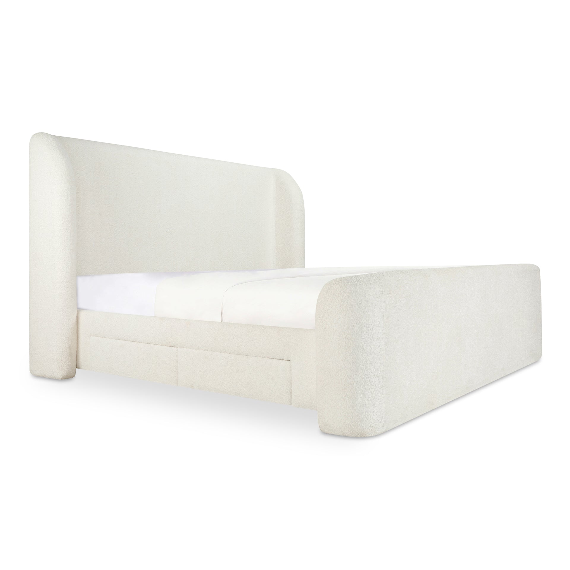 Omri, Queen Bed with Recycled Polyester Upholstery and Storage Drawers, Cream