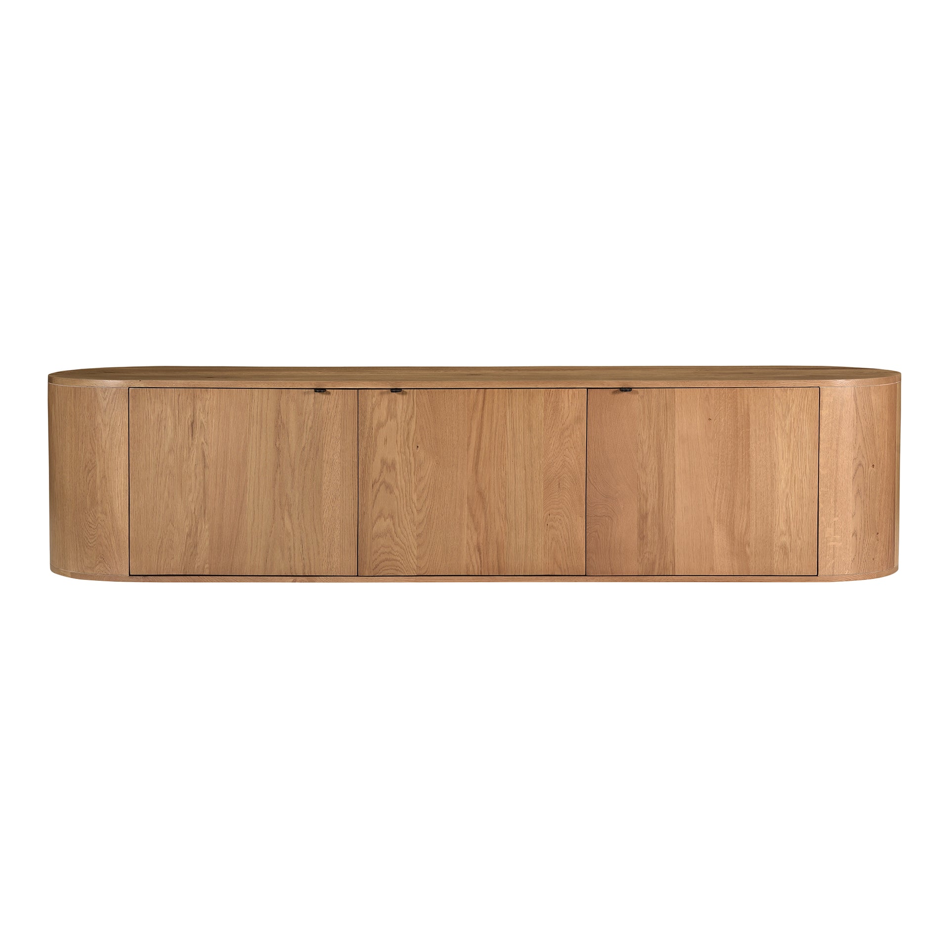 Yasmin Media Console, 3-Door Solid Oak with Curved Oval Shape and Interior Shelving, Scandinavian Design, Natural Finish