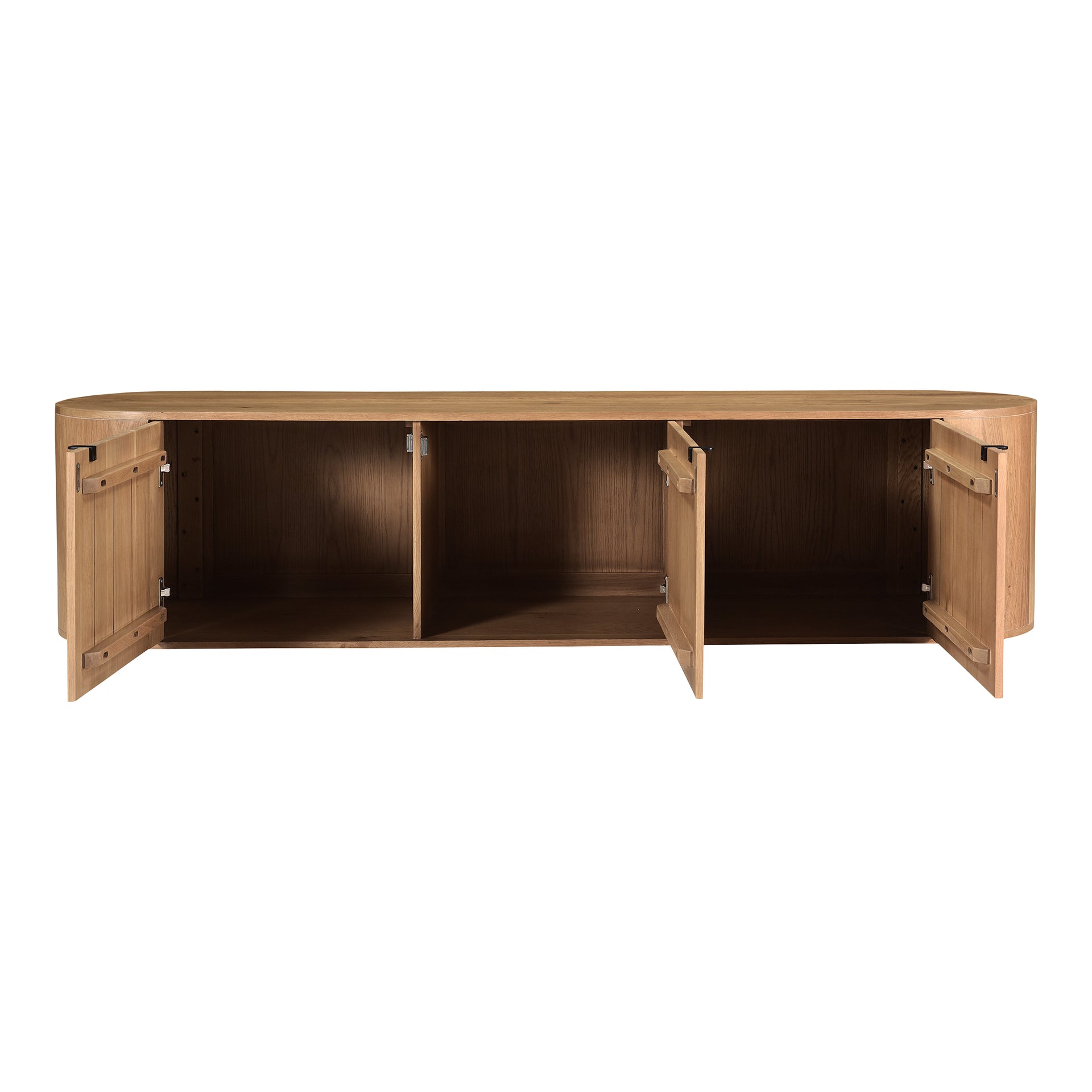 Yasmin Media Console, 3-Door Solid Oak with Curved Oval Shape and Interior Shelving, Scandinavian Design, Natural Finish