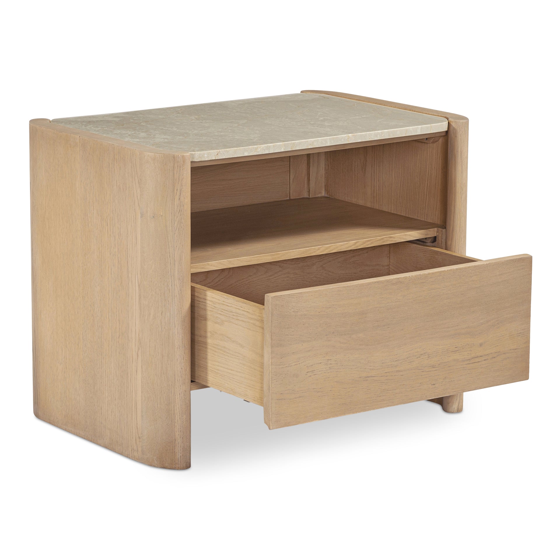 Galatea Nightstand, Inset Botticino Marble Top, Oak Frame with Drawer Storage, Natural Finish